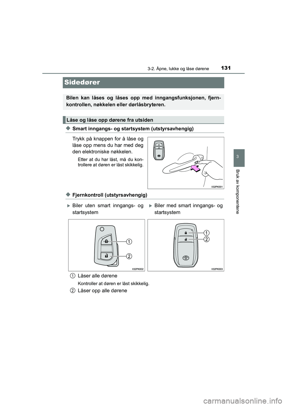 TOYOTA HILUX 2021  Instruksjoner for bruk (in Norwegian) 131
3
3-2. Åpne, lukke og låse dørene
Bruk av komponentene
HILUX OM0K641NO
Sidedører
uSmart inngangs- og startsystem (utstyrsavhengig)
Trykk på knappen for å låse og
låse opp mens du har med d