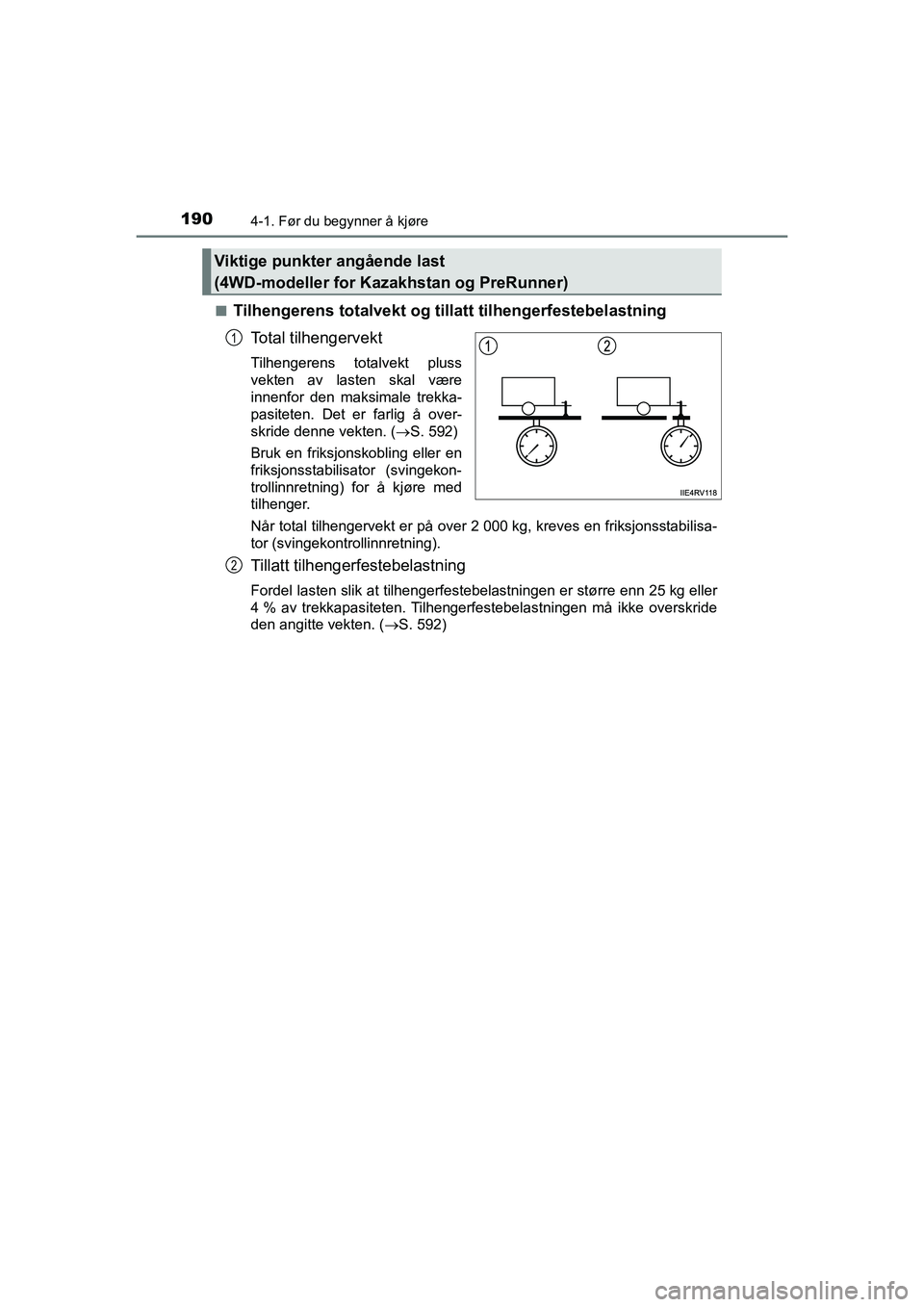 TOYOTA HILUX 2021  Instruksjoner for bruk (in Norwegian) 1904-1. Før du begynner å kjøre
HILUX OM0K641NOn
Tilhengerens totalvekt og till
att tilhengerfestebelastning
Total tilhengervekt
Tilhengerens totalvekt pluss
vekten av lasten skal være
innenfor de
