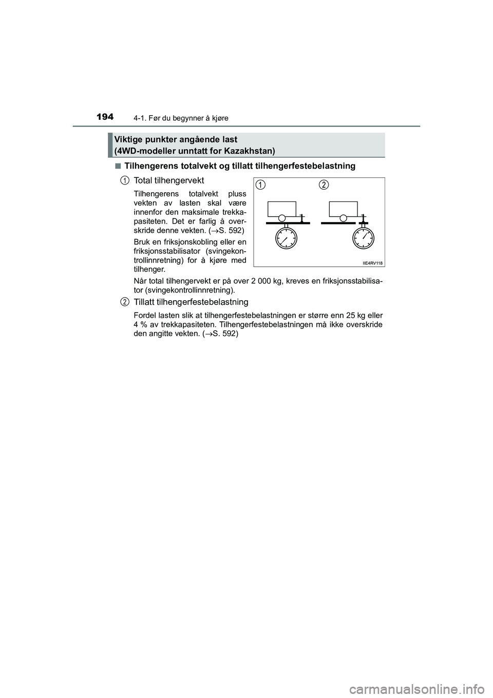 TOYOTA HILUX 2021  Instruksjoner for bruk (in Norwegian) 1944-1. Før du begynner å kjøre
HILUX OM0K641NOn
Tilhengerens totalvekt og till
att tilhengerfestebelastning
Total tilhengervekt
Tilhengerens totalvekt pluss
vekten av lasten skal være
innenfor de