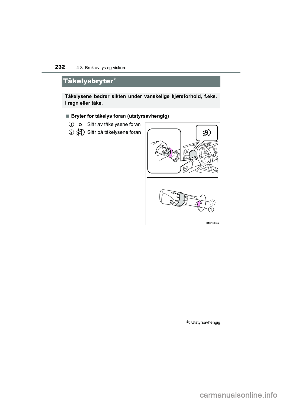 TOYOTA HILUX 2021  Instruksjoner for bruk (in Norwegian) 2324-3. Bruk av lys og viskere
HILUX OM0K641NO
Tåkelysbryter
nBryter for tåkelys foran (utstyrsavhengig)Slår av tåkelysene foran
Slår på tåkelysene foran
: Utstyrsavhengig
Tåkelysene bed