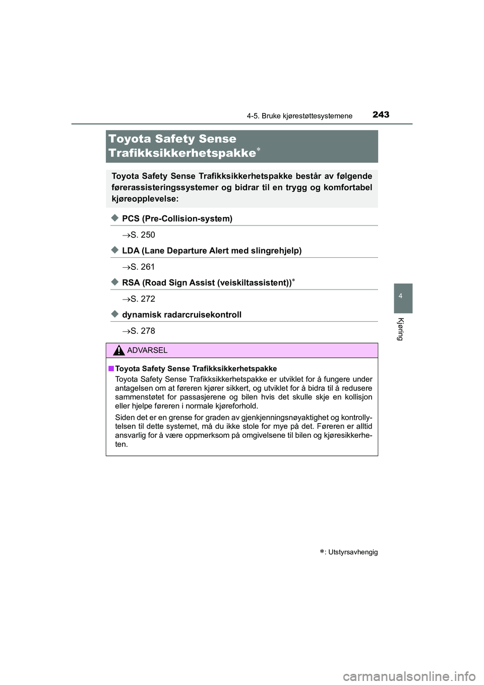 TOYOTA HILUX 2021  Instruksjoner for bruk (in Norwegian) 243
4
4-5. Bruke kjørestøttesystemene
Kjøring
HILUX OM0K641NO
Toyota Safety Sense 
Trafikksikkerhetspakke

uPCS (Pre-Collision-system)
S. 250
uLDA (Lane Departure Alert med slingrehjelp)
S