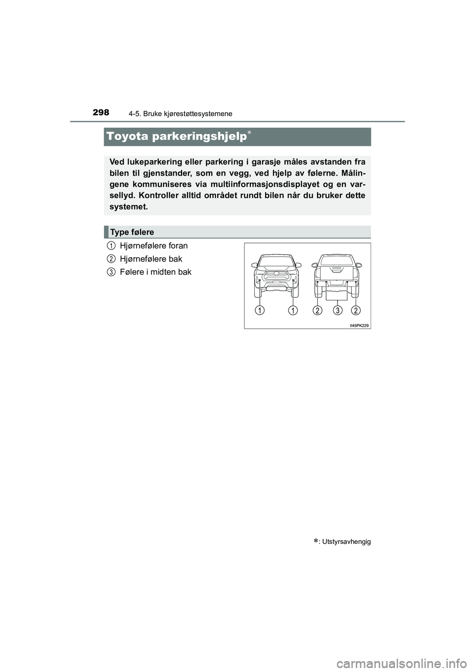 TOYOTA HILUX 2021  Instruksjoner for bruk (in Norwegian) 2984-5. Bruke kjørestøttesystemene
HILUX OM0K641NO
Toyota parkeringshjelp
Hjørnefølere foran
Hjørnefølere bak
Følere i midten bak
: Utstyrsavhengig
Ved lukeparkering eller parkering i gar