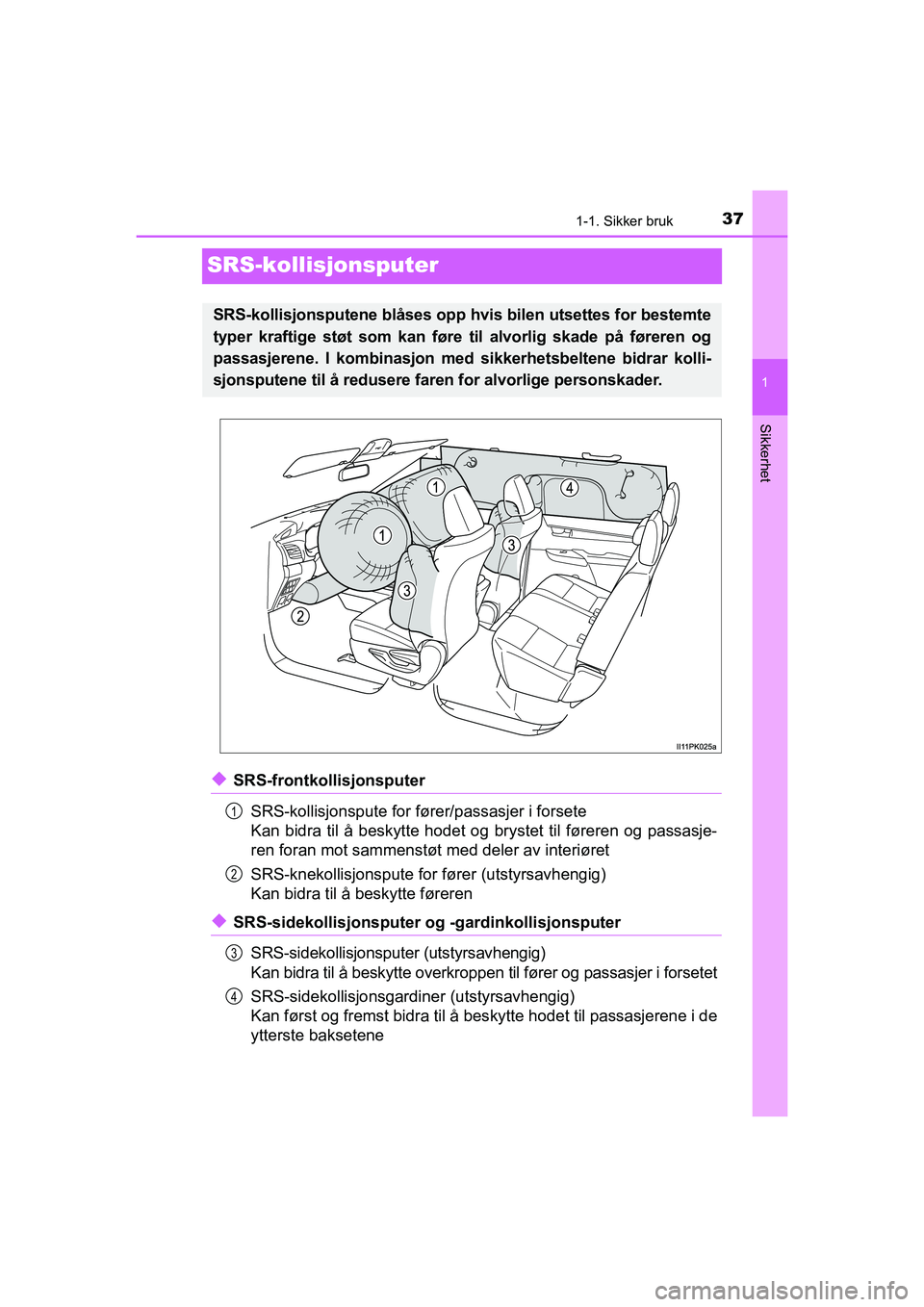 TOYOTA HILUX 2021  Instruksjoner for bruk (in Norwegian) 371-1. Sikker bruk
1
Sikkerhet
HILUX OM0K641NO
SRS-kollisjonsputer
uSRS-frontkollisjonsputerSRS-kollisjonspute for fører/passasjer i forsete
Kan bidra til å beskytte hodet og brystet til føreren og