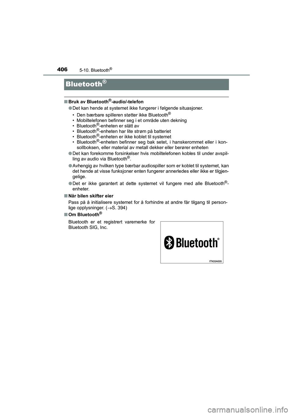 TOYOTA HILUX 2021  Instruksjoner for bruk (in Norwegian) 4065-10. Bluetooth®
HILUX OM0K641NO
Bluetooth®
nBruk av Bluetooth®-audio/-telefon
l Det kan hende at systemet ikke fungerer i følgende situasjoner.
• Den bærbare spilleren støtter ikke Bluetoo