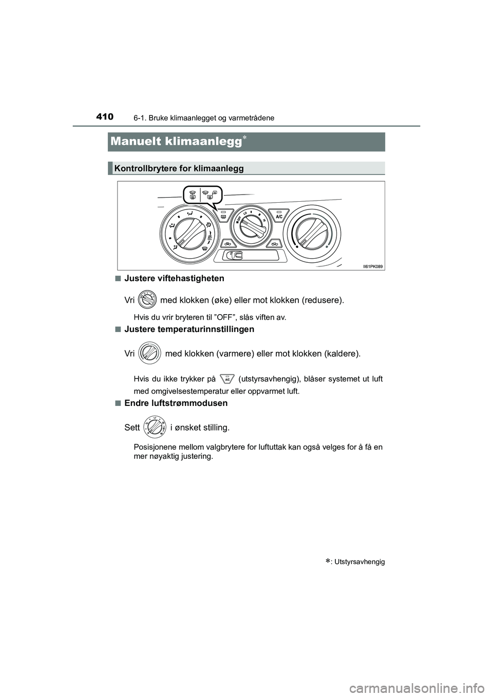 TOYOTA HILUX 2021  Instruksjoner for bruk (in Norwegian) 4106-1. Bruke klimaanlegget og varmetrådene
HILUX OM0K641NO
Manuelt klimaanlegg
nJustere viftehastigheten
Vri   med klokken (øke) eller mot klokken (redusere).
Hvis du vrir bryteren til ”OFF”