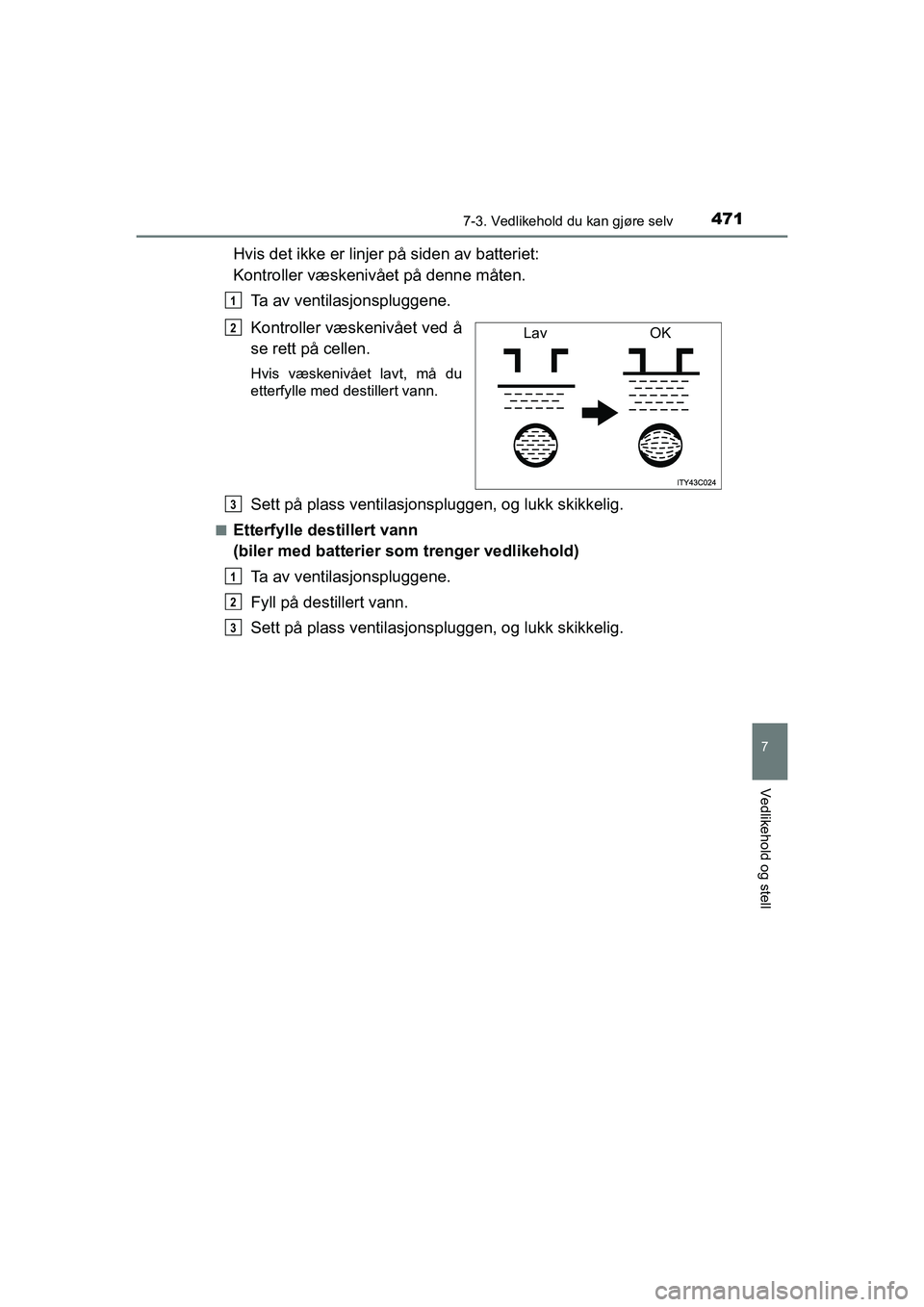TOYOTA HILUX 2021  Instruksjoner for bruk (in Norwegian) 4717-3. Vedlikehold du kan gjøre selv
HILUX OM0K641NO
7
Vedlikehold og stell
Hvis det ikke er linjer på siden av batteriet: 
Kontroller væskenivået på denne måten.
Ta av ventilasjonspluggene.
Ko