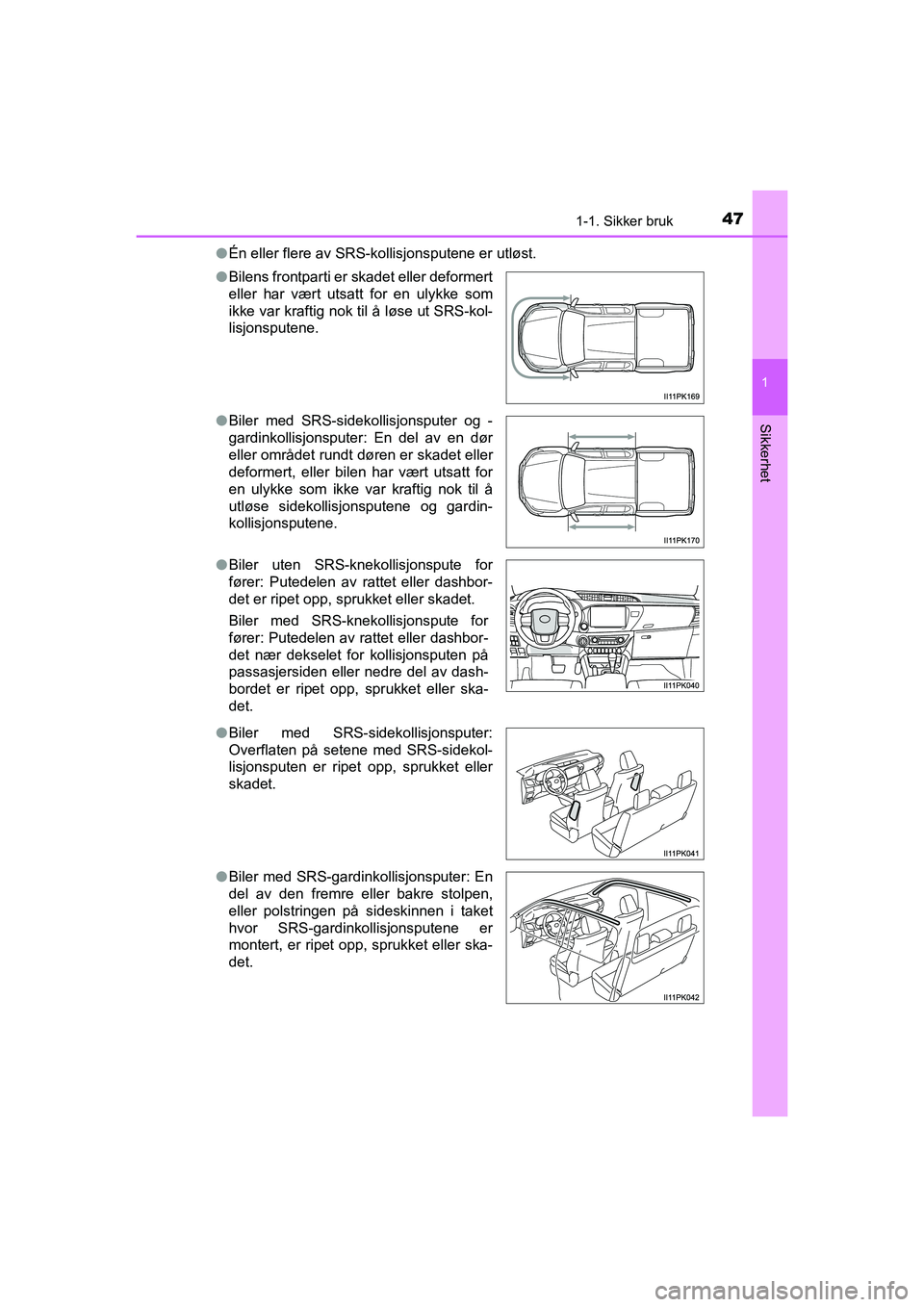 TOYOTA HILUX 2021  Instruksjoner for bruk (in Norwegian) 471-1. Sikker bruk
1
HILUX OM0K641NO
Sikkerhet
lÉn eller flere av SRS-kollisjonsputene er utløst.
l Bilens frontparti er skadet eller deformert
eller har vært utsatt for en ulykke som
ikke var kraf