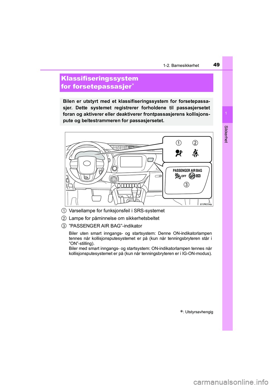 TOYOTA HILUX 2021  Instruksjoner for bruk (in Norwegian) 491-2. Barnesikkerhet
1
HILUX OM0K641NO
Sikkerhet
Klassifiseringssystem 
for forsetepassasjer

Varsellampe for funksjonsfeil i SRS-systemet
Lampe for påminnelse  om sikkerhetsbeltet
”PASSENGER A