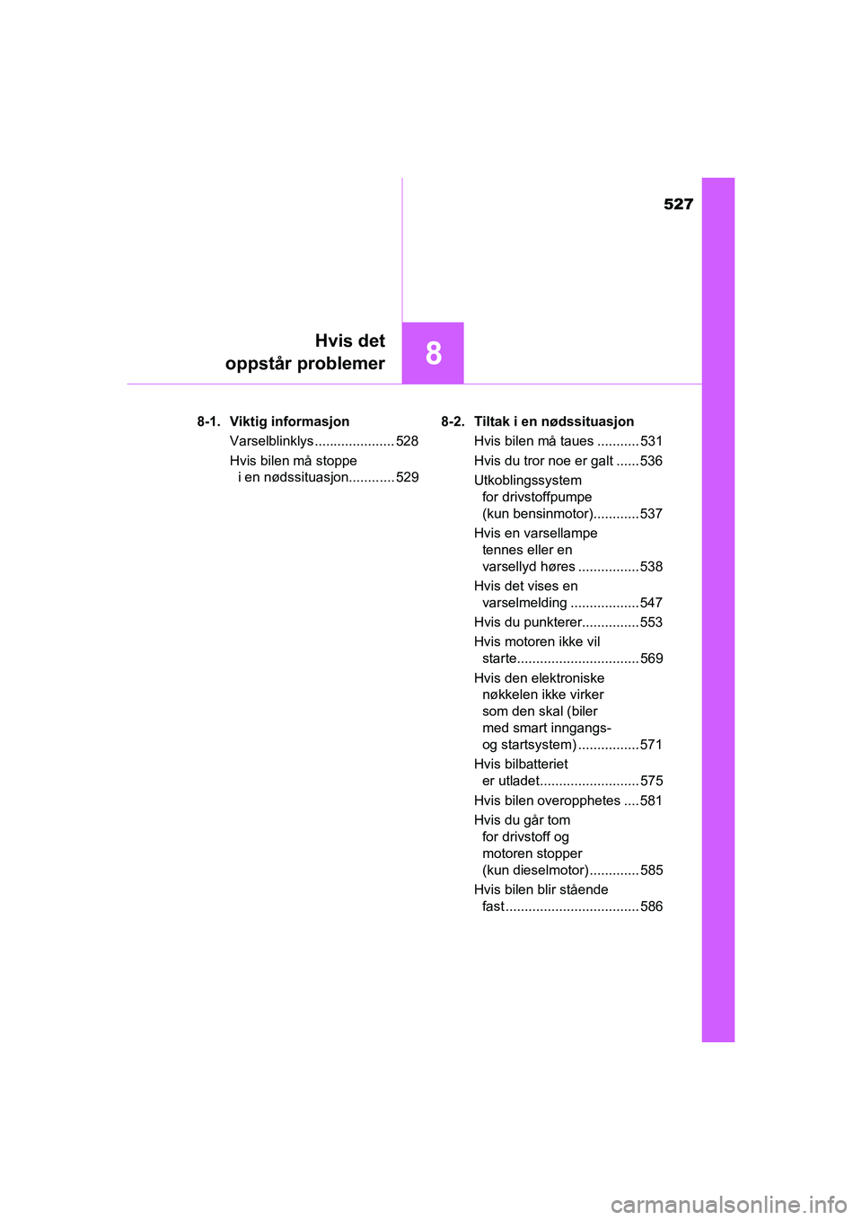 TOYOTA HILUX 2021  Instruksjoner for bruk (in Norwegian) 527
8
Hvis det
oppstår problemer
HILUX OM0K641NO 8-1. Viktig informasjon
Varselblinklys..................... 528
Hvis bilen må stoppe i en nødssituasjon............ 529 8-2. Tiltak i en nødssituas