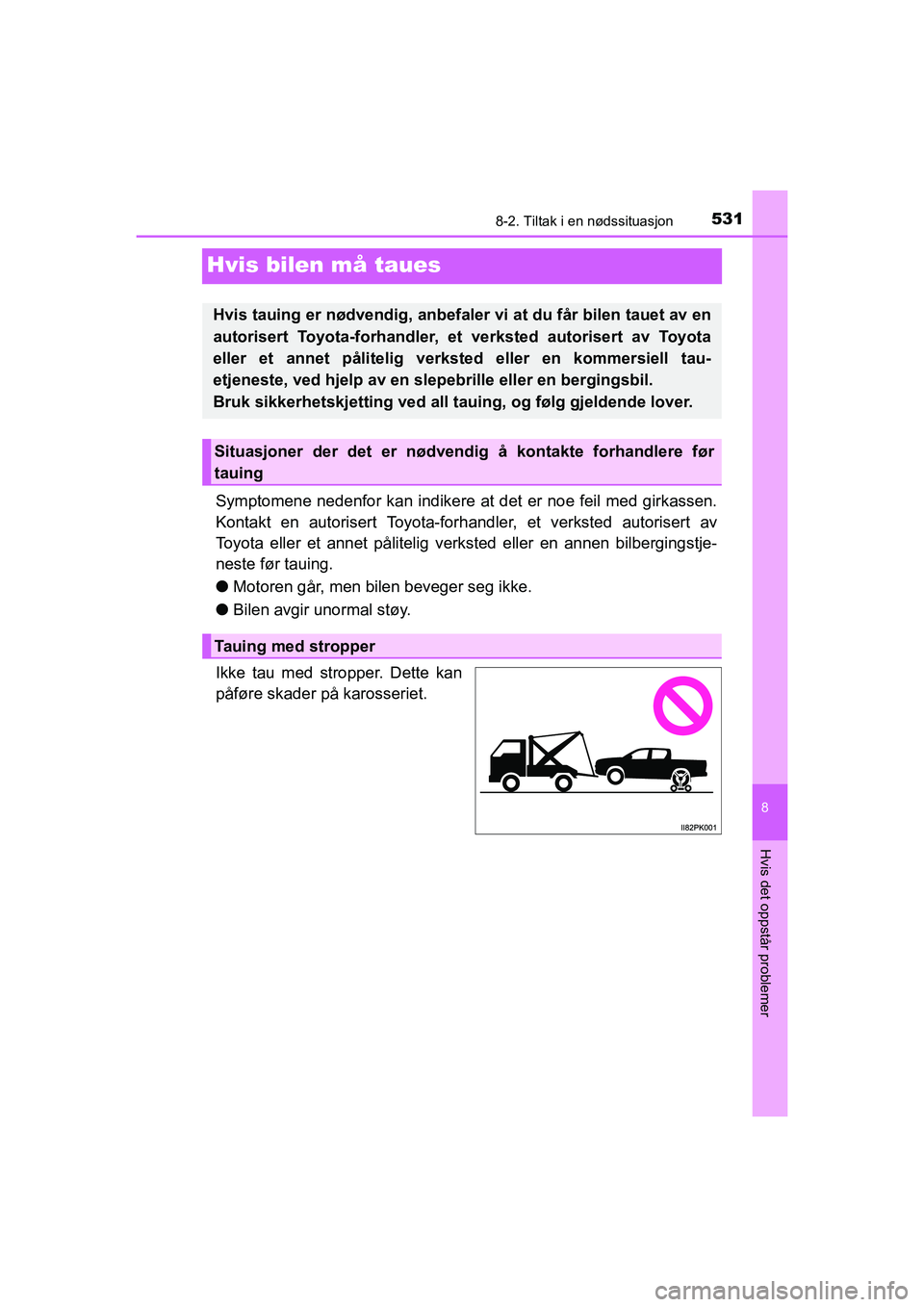 TOYOTA HILUX 2021  Instruksjoner for bruk (in Norwegian) 5318-2. Tiltak i en nødssituasjon
HILUX OM0K641NO
8
Hvis det oppstår problemer
Hvis bilen må taues
Symptomene nedenfor kan indikere at det er noe feil med girkassen.
Kontakt en autorisert Toyota-fo