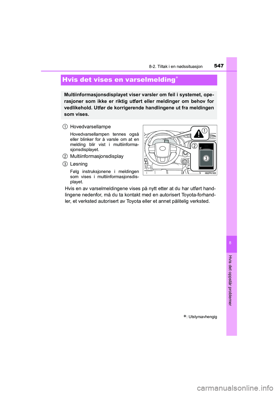 TOYOTA HILUX 2021  Instruksjoner for bruk (in Norwegian) 5478-2. Tiltak i en nødssituasjon
HILUX OM0K641NO
8
Hvis det oppstår problemer
Hvis det vises en varselmelding
Hovedvarsellampe
Hovedvarsellampen tennes også
eller blinker for å varsle om at en