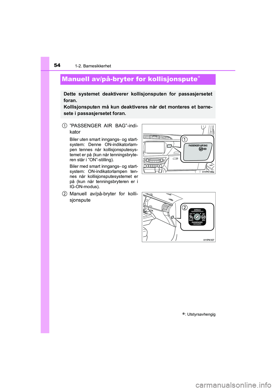 TOYOTA HILUX 2021  Instruksjoner for bruk (in Norwegian) 541-2. Barnesikkerhet
HILUX OM0K641NO
Manuell av/på-bryter for kollisjonspute
”PASSENGER AIR  BAG”-indi-
kator
Biler uten smart inngangs- og start-
system: Denne ON-indikatorlam-
pen tennes n