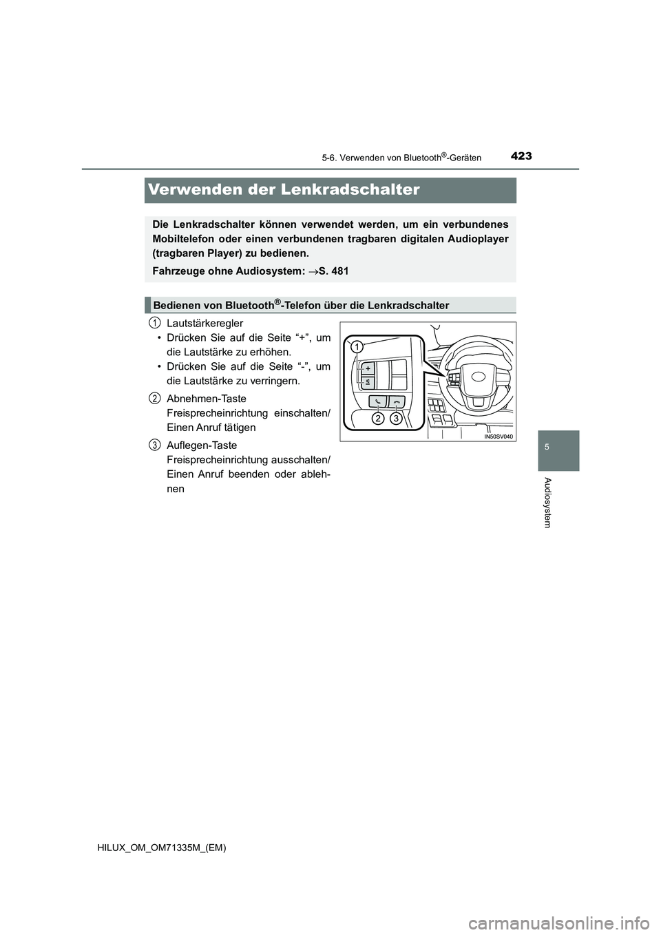 TOYOTA HILUX 2021  Betriebsanleitungen (in German) 423
5
5-6. Verwenden von Bluetooth®-Geräten
Audiosystem
HILUX_OM_OM71335M_(EM)
Verwenden der Lenkradschalter
Lautstärkeregler
• Drücken Sie auf die Seite “+”, um
die Lautstärke zu erhöhen.