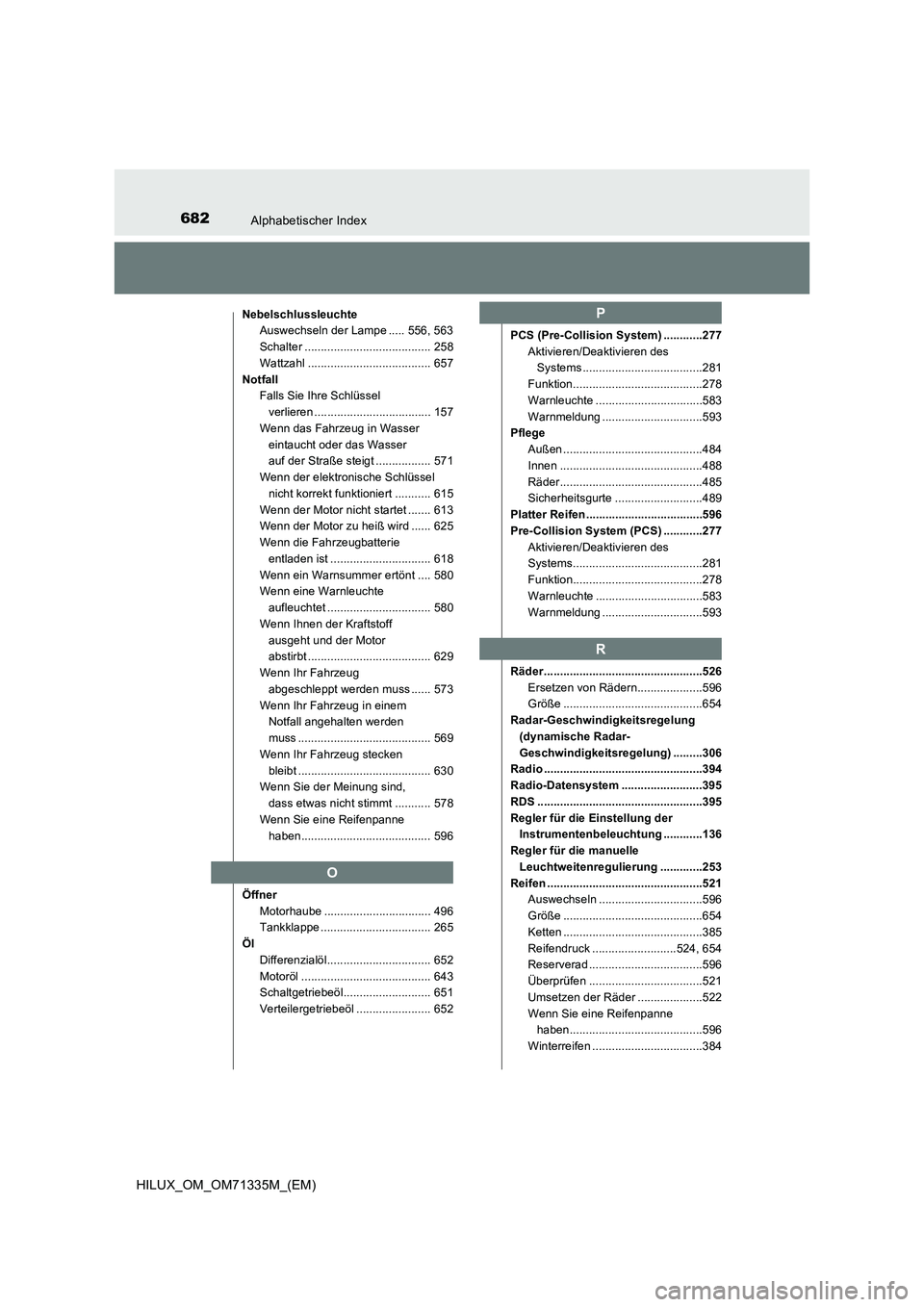 TOYOTA HILUX 2021  Betriebsanleitungen (in German) 682Alphabetischer Index
HILUX_OM_OM71335M_(EM)
Nebelschlussleuchte
Auswechseln der Lampe ..... 556, 563
Schalter ....................................... 258
Wattzahl ..................................