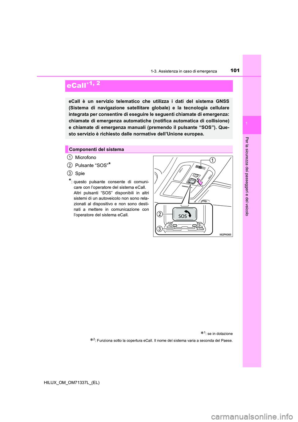 TOYOTA HILUX 2021  Manuale duso (in Italian) 101
1
1-3. Assistenza in caso di emergenza
HILUX_OM_OM71337L_(EL)
Per la sicurezza dei passeggeri e del veicolo
eCall1, 2
Microfono 
Pulsante “SOS”*
Spie
*: questo pulsante consente di comuni- 