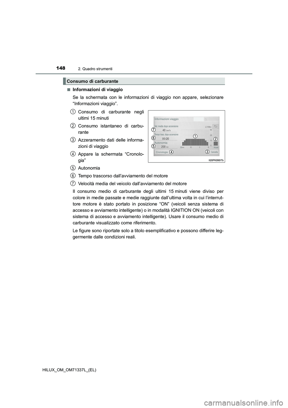 TOYOTA HILUX 2021  Manuale duso (in Italian) 1482. Quadro strumenti
HILUX_OM_OM71337L_(EL)�Q
Informazioni di viaggio
Se la schermata con le informazioni di viaggio non appare, selezionare
“Informazioni viaggio”.
Consumo di carburante negli
u