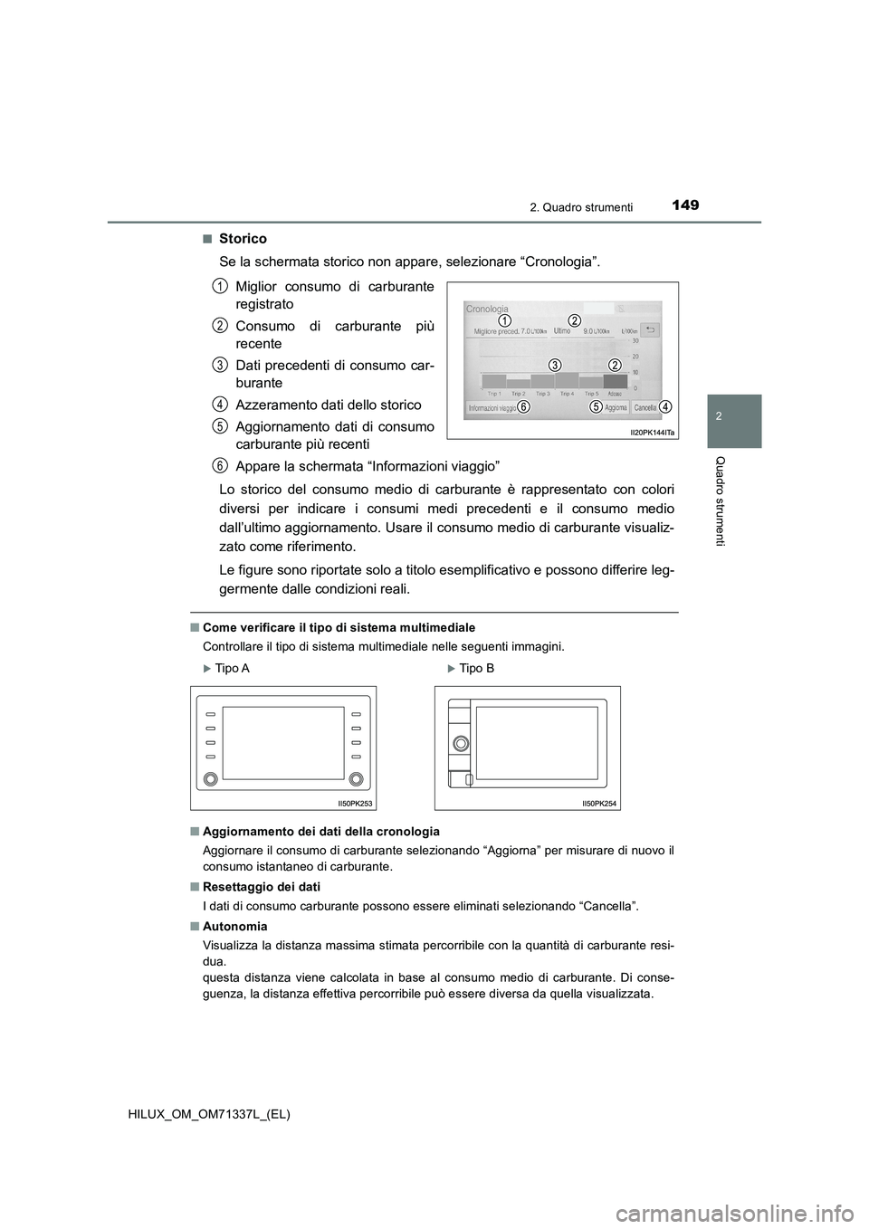 TOYOTA HILUX 2021  Manuale duso (in Italian) 1492. Quadro strumenti
2
Quadro strumenti
HILUX_OM_OM71337L_(EL)�Q
Storico
Se la schermata storico non appare, selezionare “Cronologia”.
Miglior consumo di carburante
registrato
Consumo di carbura