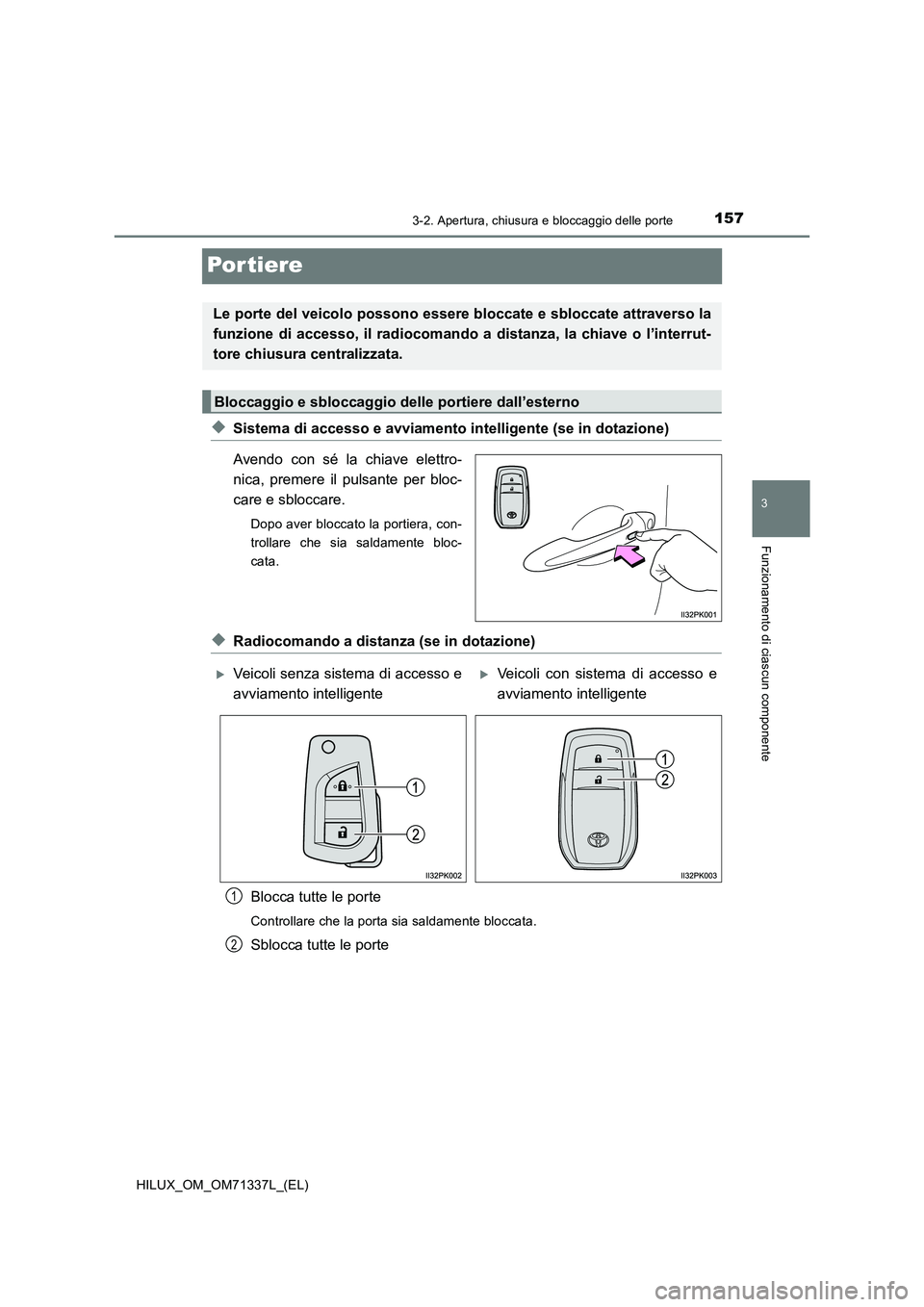 TOYOTA HILUX 2021  Manuale duso (in Italian) 157
3
3-2. Apertura, chiusura e bloccaggio delle porte
Funzionamento di ciascun componente
HILUX_OM_OM71337L_(EL)
Por tiere
�XSistema di accesso e avviamento intelligente (se in dotazione)
Avendo con 