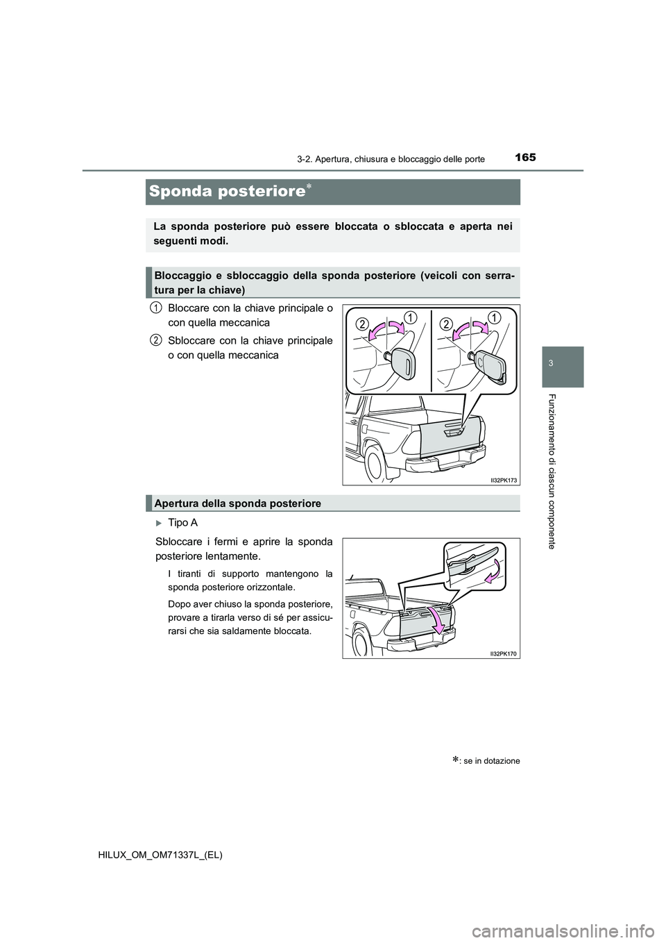 TOYOTA HILUX 2021  Manuale duso (in Italian) 165
3
3-2. Apertura, chiusura e bloccaggio delle porte
Funzionamento di ciascun componente
HILUX_OM_OM71337L_(EL)
Sponda posteriore
Bloccare con la chiave principale o
con quella meccanica
Sbloccar