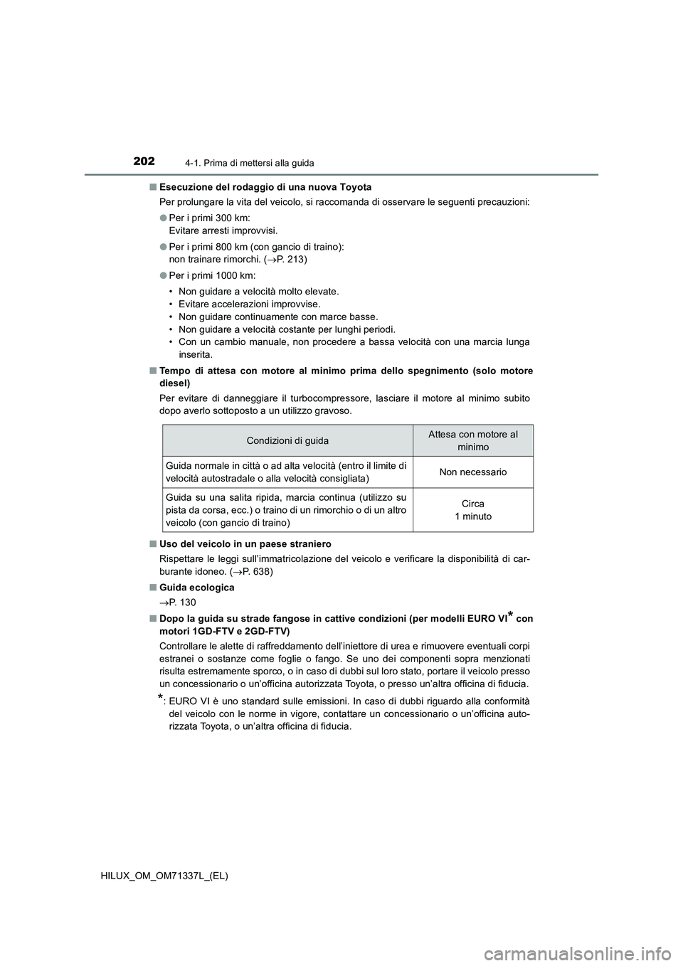 TOYOTA HILUX 2021  Manuale duso (in Italian) 2024-1. Prima di mettersi alla guida
HILUX_OM_OM71337L_(EL)�QEsecuzione del rodaggio di una nuova Toyota
Per prolungare la vita del veicolo, si raccomanda di osservare le seguenti precauzioni:
�OPer i