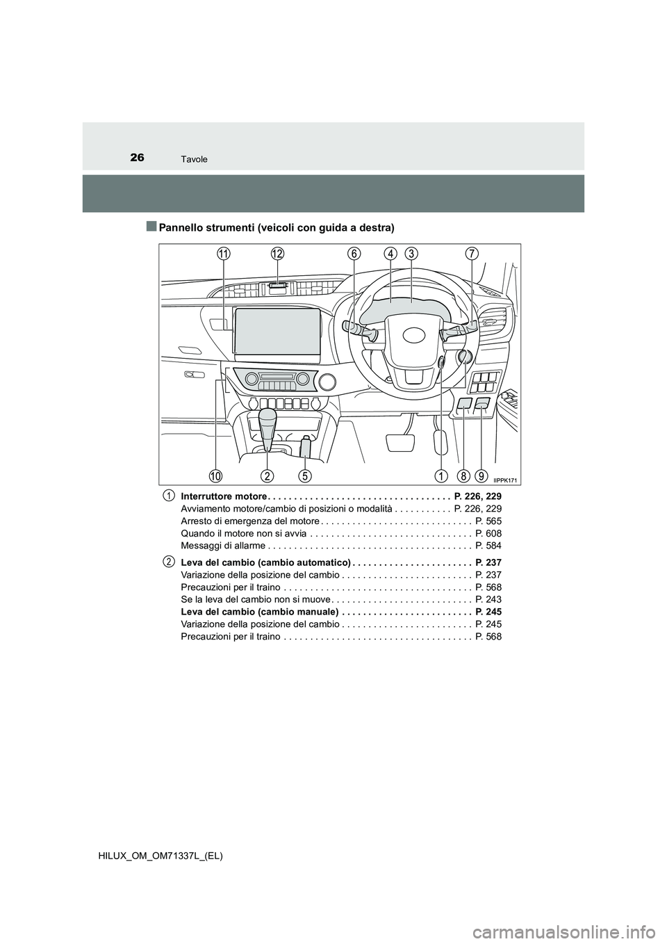 TOYOTA HILUX 2021  Manuale duso (in Italian) 26Tavole
HILUX_OM_OM71337L_(EL)
�QPannello strumenti (veicoli con guida a destra)
Interruttore motore . . . . . . . . . . . . . . . . . . . . . . . . . . . . . . . . . . .  P. 226, 229
Avviamento moto