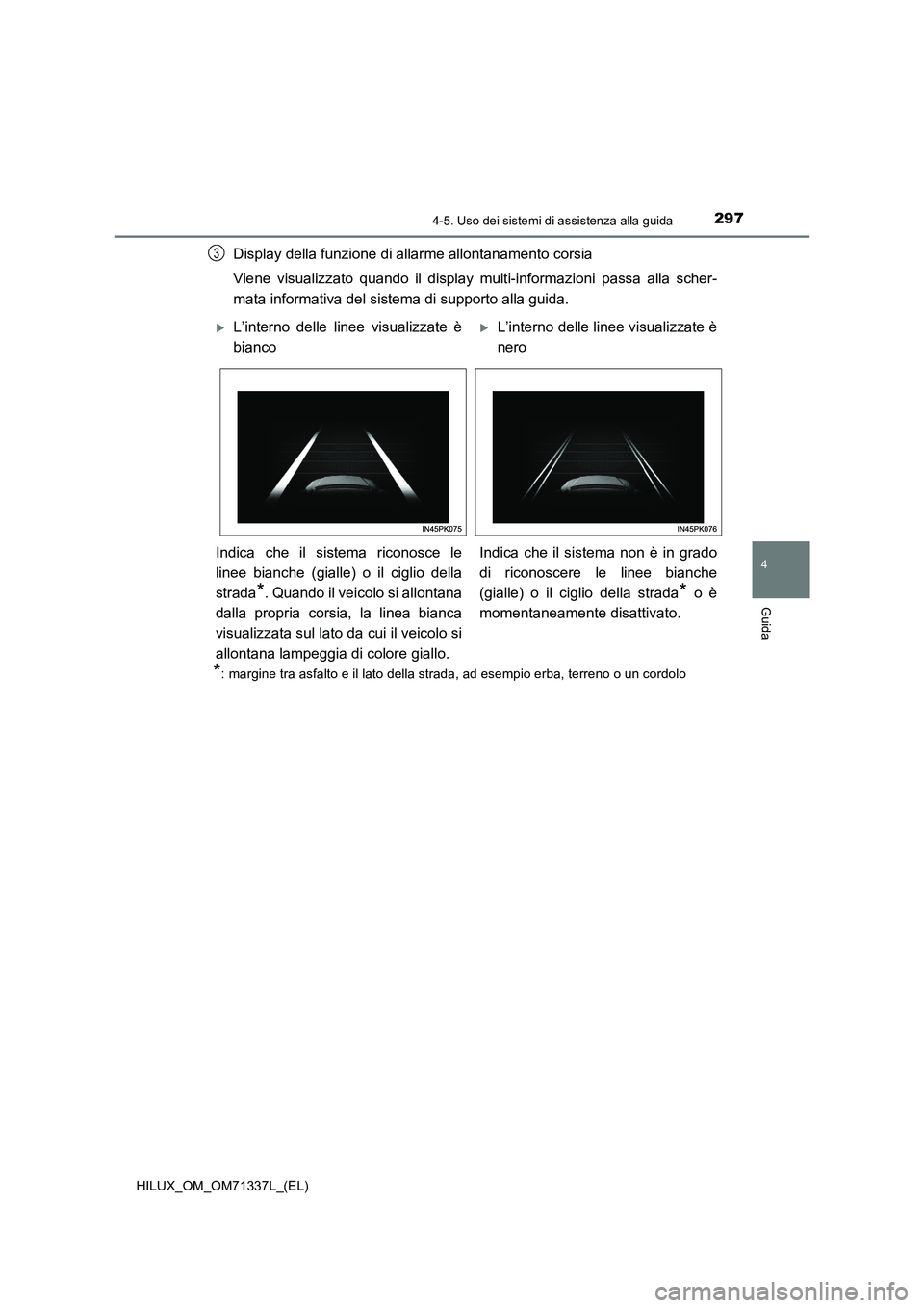 TOYOTA HILUX 2021  Manuale duso (in Italian) 2974-5. Uso dei sistemi di assistenza alla guida
4
Guida
HILUX_OM_OM71337L_(EL)
Display della funzione di allarme allontanamento corsia
Viene visualizzato quando il display multi-informazioni passa al