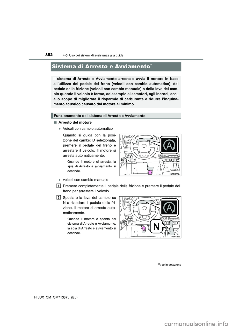 TOYOTA HILUX 2021  Manuale duso (in Italian) 3524-5. Uso dei sistemi di assistenza alla guida
HILUX_OM_OM71337L_(EL)
Sistema di Arresto e Avviamento
�QArresto del motore
Veicoli con cambio automatico
Quando si guida con la posi-
zione del 