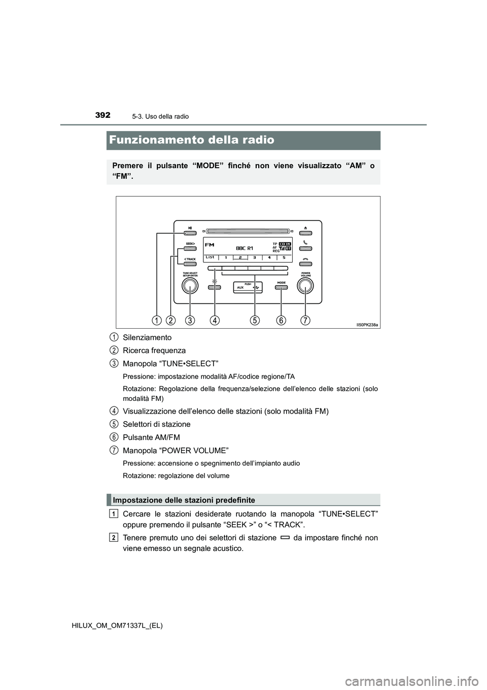 TOYOTA HILUX 2021  Manuale duso (in Italian) 3925-3. Uso della radio
HILUX_OM_OM71337L_(EL)
Funzionamento della radio
Silenziamento
Ricerca frequenza
Manopola “TUNE•SELECT”
Pressione: impostazione modalità AF/codice regione/TA
Rotazione: 