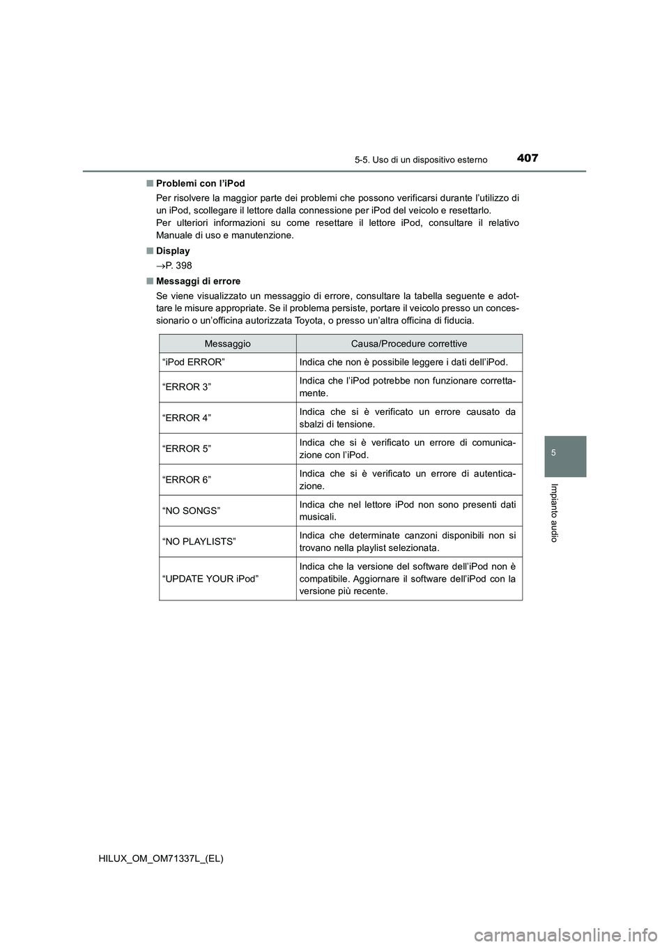 TOYOTA HILUX 2021  Manuale duso (in Italian) 4075-5. Uso di un dispositivo esterno
5
Impianto audio
HILUX_OM_OM71337L_(EL)�QProblemi con l’iPod
Per risolvere la maggior parte dei problemi che possono verificarsi durante l’utilizzo di
un iPod