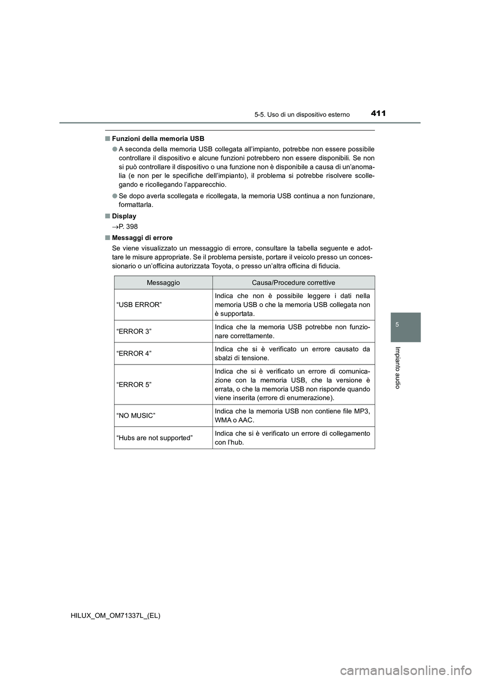 TOYOTA HILUX 2021  Manuale duso (in Italian) 4115-5. Uso di un dispositivo esterno
5
Impianto audio
HILUX_OM_OM71337L_(EL)
�QFunzioni della memoria USB
�OA seconda della memoria USB collegata all’impianto, potrebbe non essere possibile
control