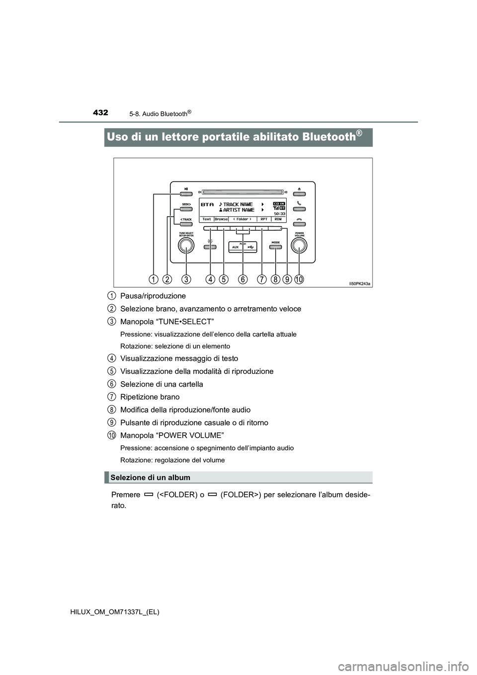 TOYOTA HILUX 2021  Manuale duso (in Italian) 4325-8. Audio Bluetooth®
HILUX_OM_OM71337L_(EL)
Uso di un lettore por tatile abilitato Bluetooth®
Pausa/riproduzione
Selezione brano, avanzamento o arretramento veloce
Manopola “TUNE•SELECT”
P