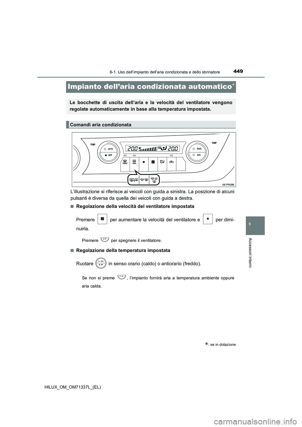 TOYOTA HILUX 2021  Manuale duso (in Italian) 4496-1. Uso dell’impianto dell’aria condizionata e dello sbrinatore
HILUX_OM_OM71337L_(EL)
6
Accessori interni
Impianto dell’aria condizionata automatico
L’illustrazione si riferisce ai vei