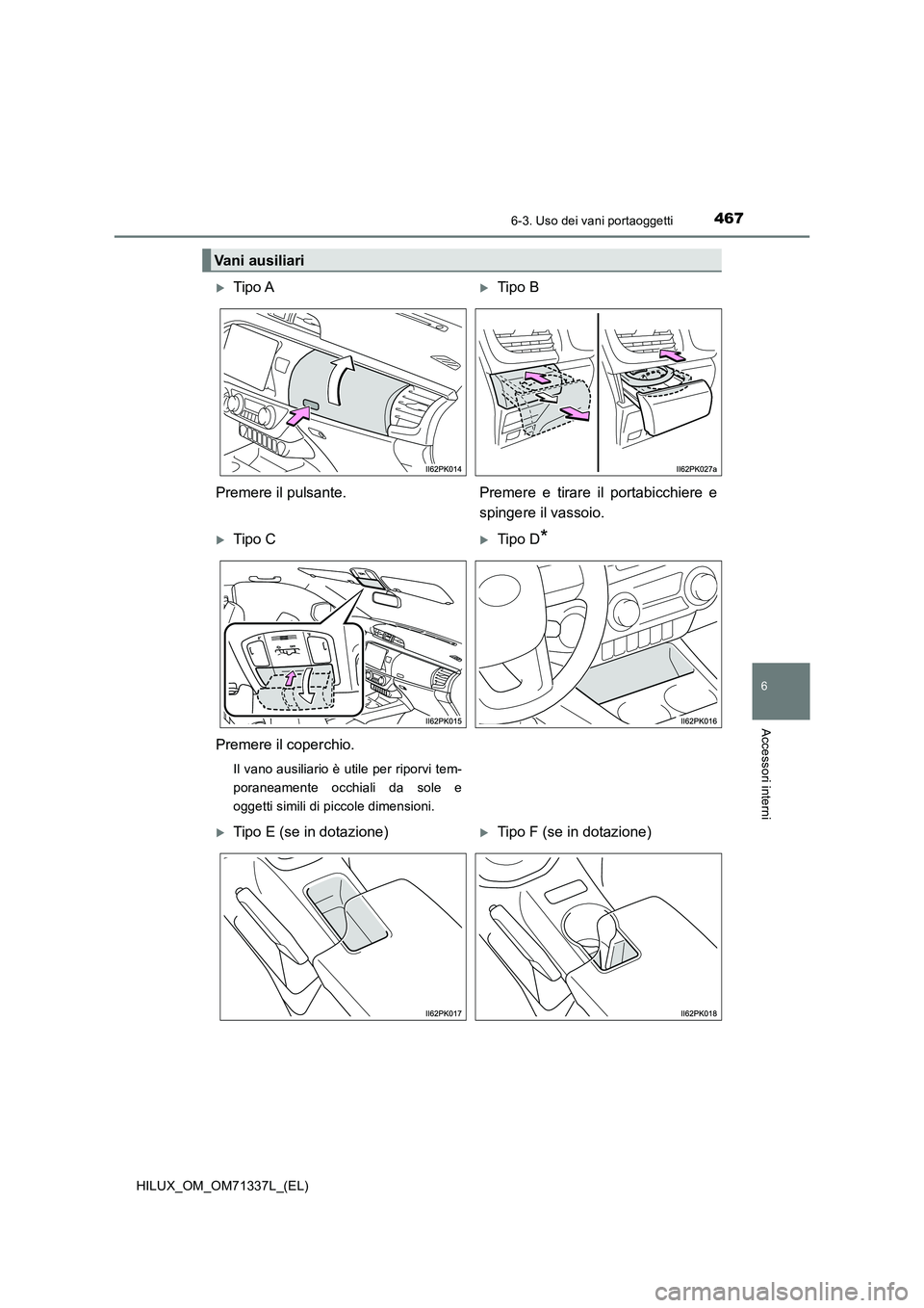 TOYOTA HILUX 2021  Manuale duso (in Italian) 4676-3. Uso dei vani portaoggetti
HILUX_OM_OM71337L_(EL)
6
Accessori interni
Vani ausiliari
Tipo ATipo B
Premere il pulsante. Premere  e tirare il portabicchiere e
spingere il vassoio.
Tipo C