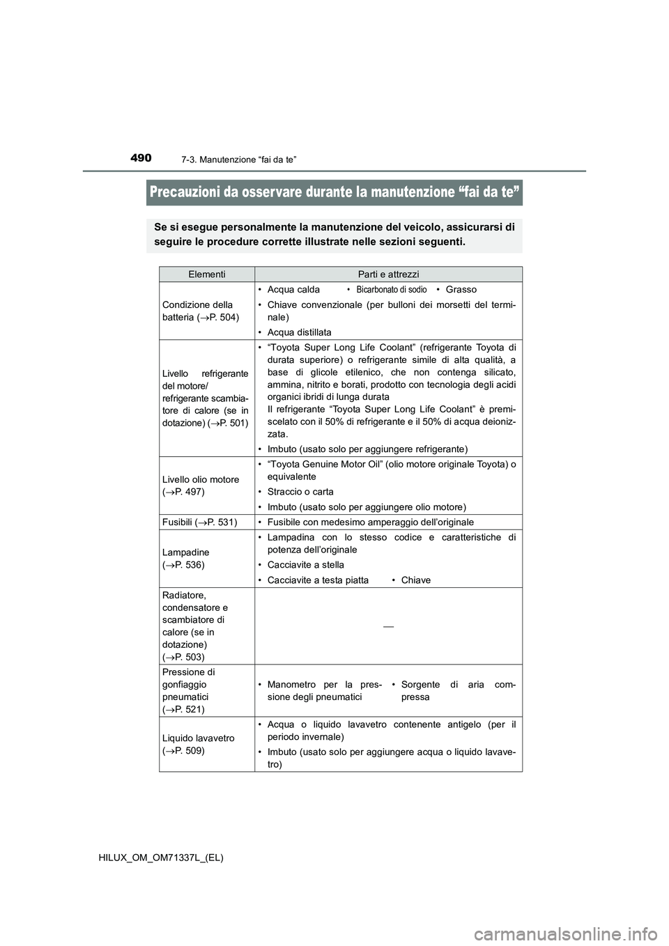 TOYOTA HILUX 2021  Manuale duso (in Italian) 4907-3. Manutenzione “fai da te”
HILUX_OM_OM71337L_(EL)
Precauzioni da osser vare durante la manutenzione “fai da te”
Se si esegue personalmente la manutenzione del veicolo, assicurarsi di
seg