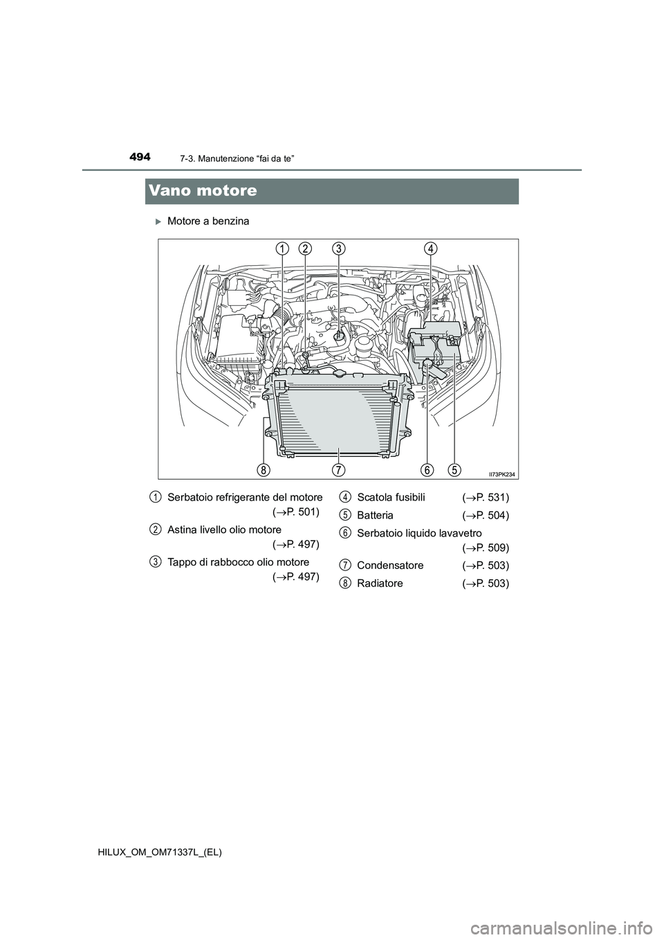 TOYOTA HILUX 2021  Manuale duso (in Italian) 4947-3. Manutenzione “fai da te”
HILUX_OM_OM71337L_(EL)
Vano motore
Motore a benzina
Serbatoio refrigerante del motore  
( P. 501) 
Astina livello olio motore  
( P. 497) 
Tappo di rabboc