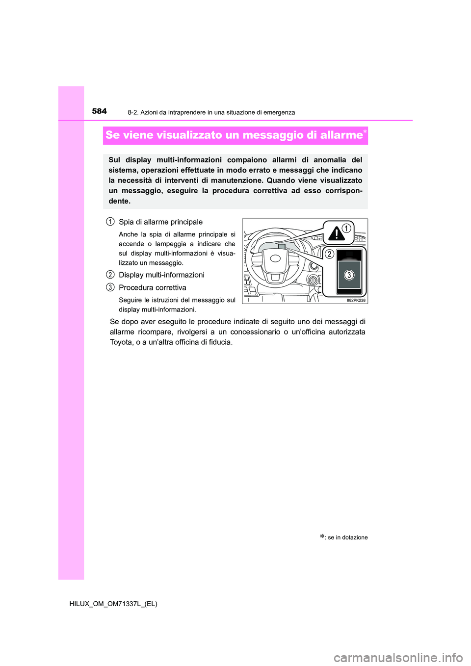 TOYOTA HILUX 2021  Manuale duso (in Italian) 5848-2. Azioni da intraprendere in una situazione di emergenza
HILUX_OM_OM71337L_(EL)
Se viene visualizzato un messaggio di allar me
Spia di allarme principale
Anche la spia di allarme principale s