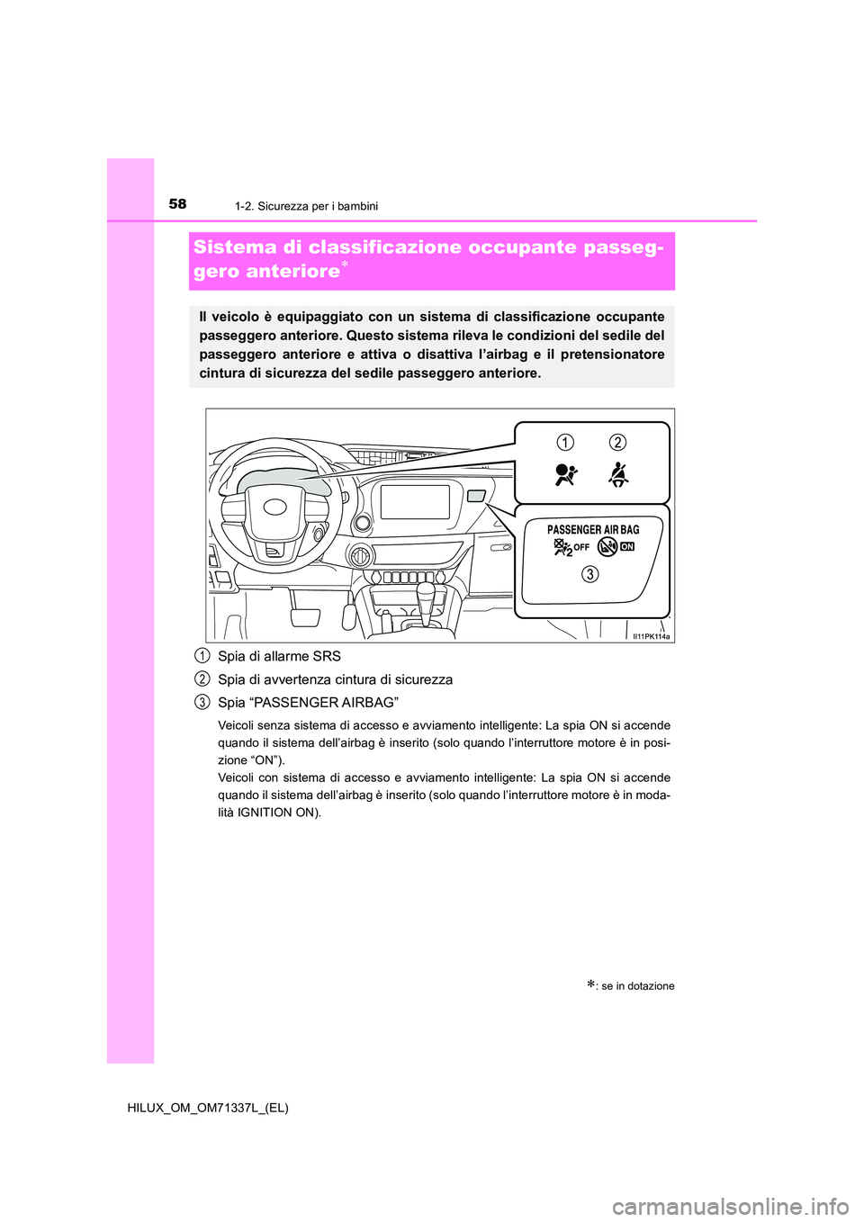 TOYOTA HILUX 2021  Manuale duso (in Italian) 581-2. Sicurezza per i bambini
HILUX_OM_OM71337L_(EL)
Sistema di classificazione occupante passeg- 
gero anteriore
Spia di allarme SRS 
Spia di avvertenza cintura di sicurezza 
Spia “PASSENGER AI