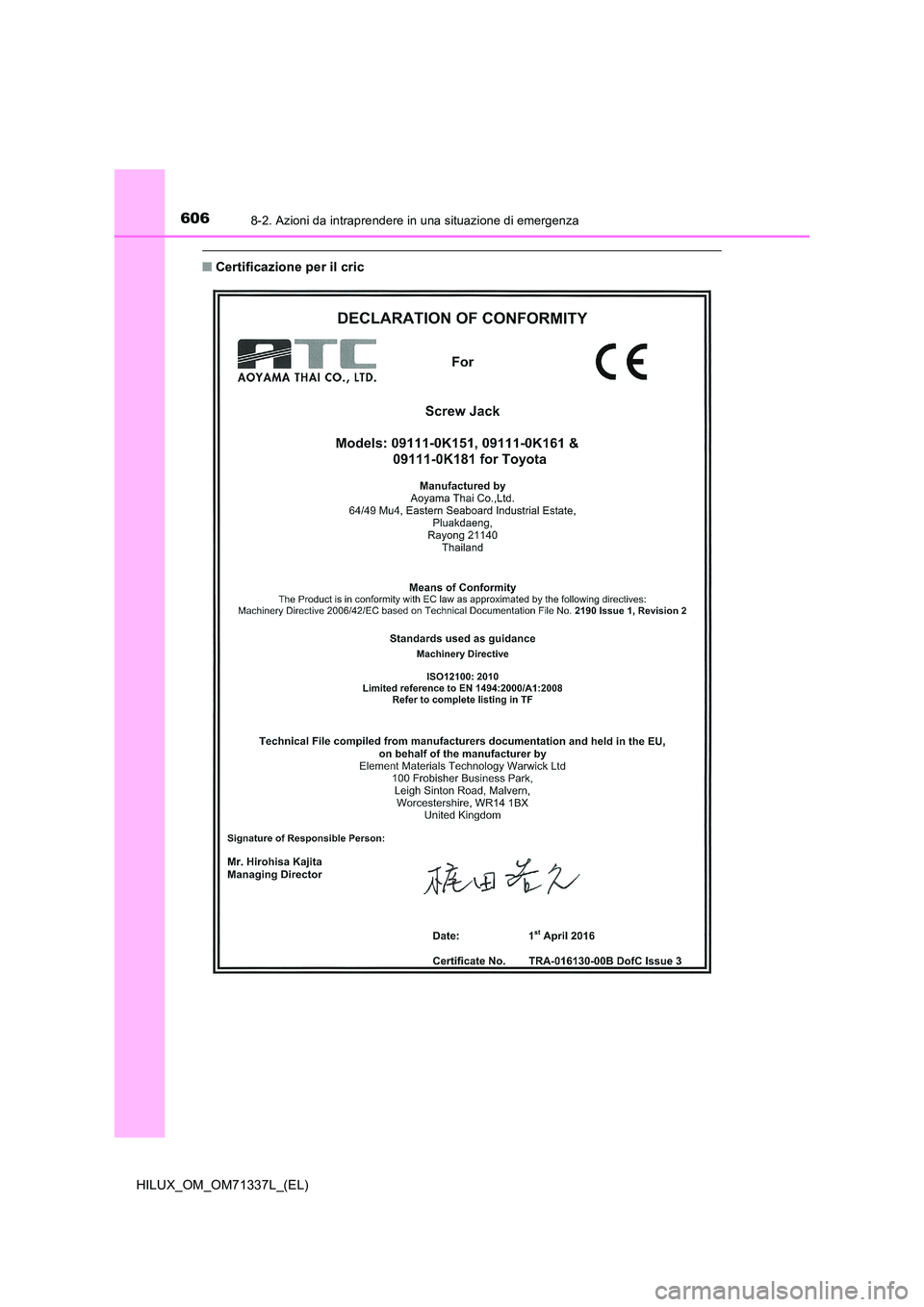TOYOTA HILUX 2021  Manuale duso (in Italian) 6068-2. Azioni da intraprendere in una situazione di emergenza
HILUX_OM_OM71337L_(EL)
�QCertificazione per il cric 
