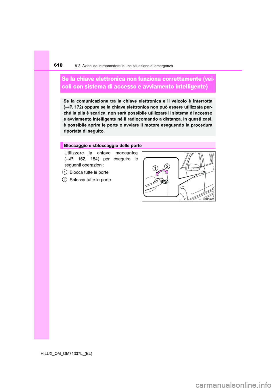 TOYOTA HILUX 2021  Manuale duso (in Italian) 6108-2. Azioni da intraprendere in una situazione di emergenza
HILUX_OM_OM71337L_(EL)
Se la chiave elettronica non funziona correttamente (vei- 
coli con sistema di accesso e avviamento intelligente)
