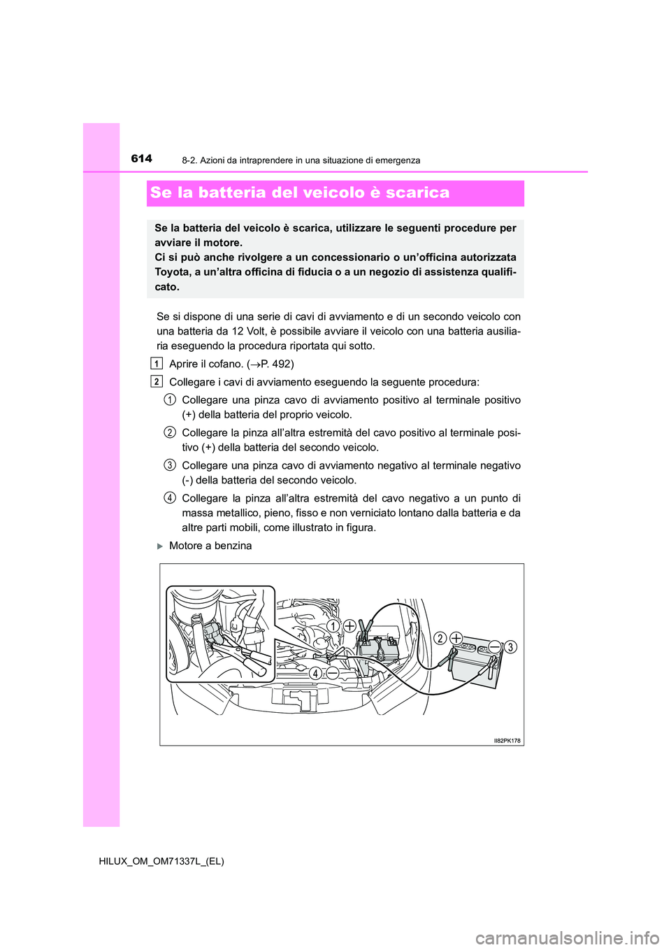 TOYOTA HILUX 2021  Manuale duso (in Italian) 6148-2. Azioni da intraprendere in una situazione di emergenza
HILUX_OM_OM71337L_(EL)
Se la batteria del veicolo è scarica
Se si dispone di una serie di cavi di avviamento e di un secondo veicolo con