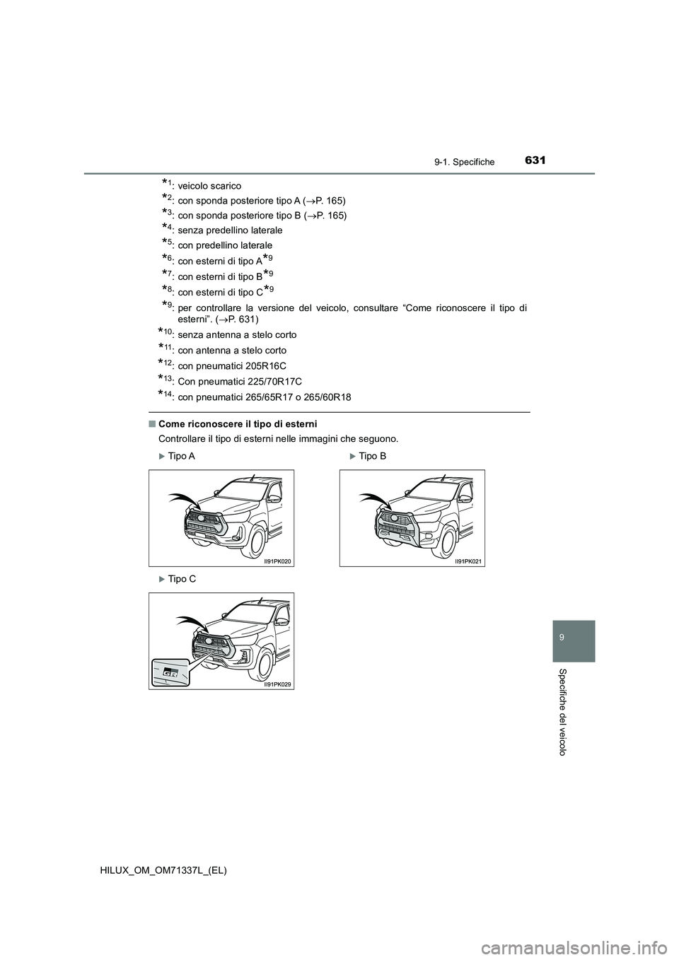TOYOTA HILUX 2021  Manuale duso (in Italian) 631
9
9-1. Specifiche
Specifiche del veicolo
HILUX_OM_OM71337L_(EL)
*1: veicolo scarico
*2: con sponda posteriore tipo A (P. 165)
*3: con sponda posteriore tipo B (P.  1 6 5 )
*4: senza predelli