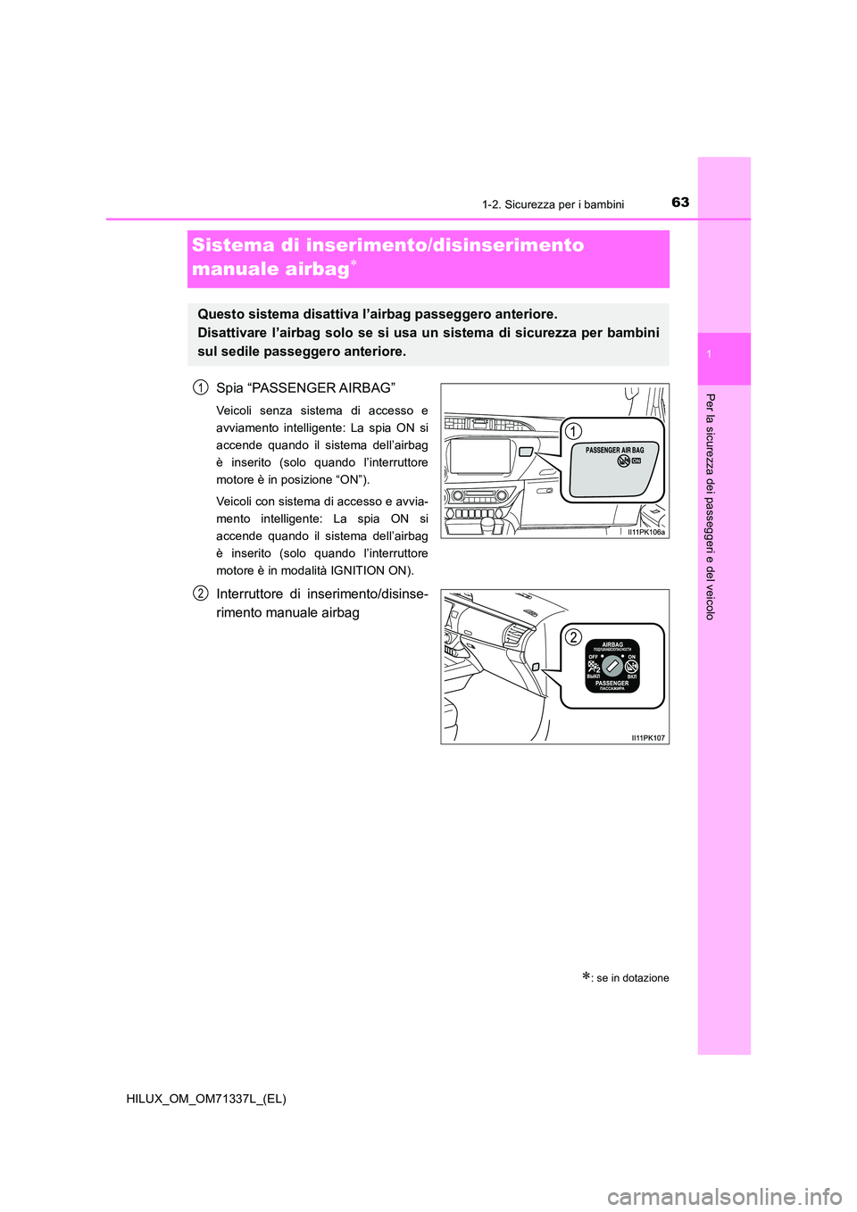 TOYOTA HILUX 2021  Manuale duso (in Italian) 63
1
1-2. Sicurezza per i bambini
HILUX_OM_OM71337L_(EL)
Per la sicurezza dei passeggeri e del veicolo
Sistema di inserimento/disinserimento  
manuale airbag
Spia “PASSENGER AIRBAG”
Veicoli sen