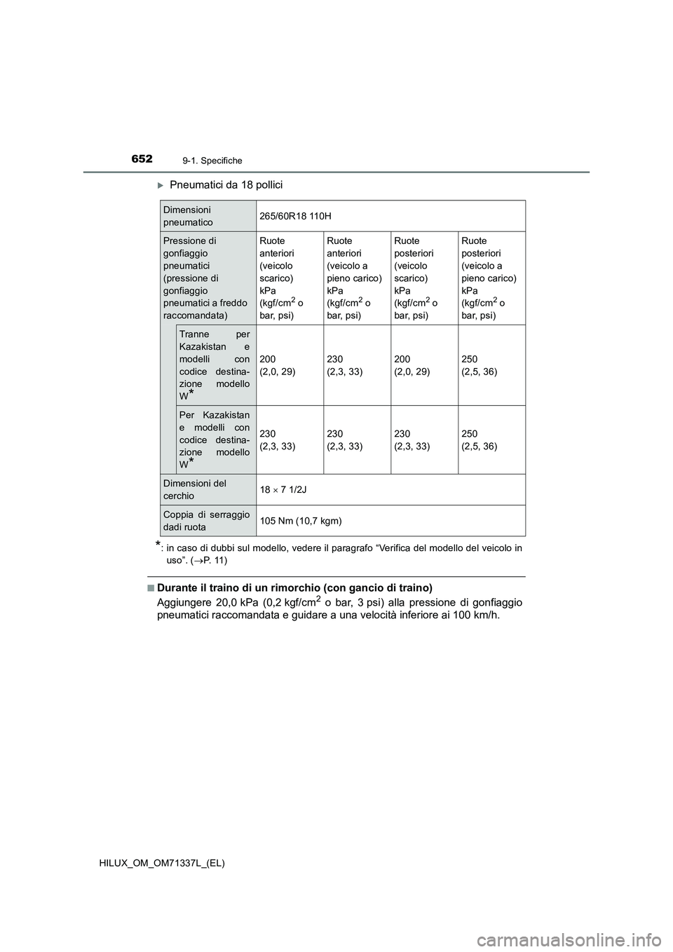 TOYOTA HILUX 2021  Manuale duso (in Italian) 6529-1. Specifiche
HILUX_OM_OM71337L_(EL)
Pneumatici da 18 pollici
*: in caso di dubbi sul modello, vedere il paragrafo “Verifica del modello del veicolo in
uso”. (P.  11 )
�QDurante il trai