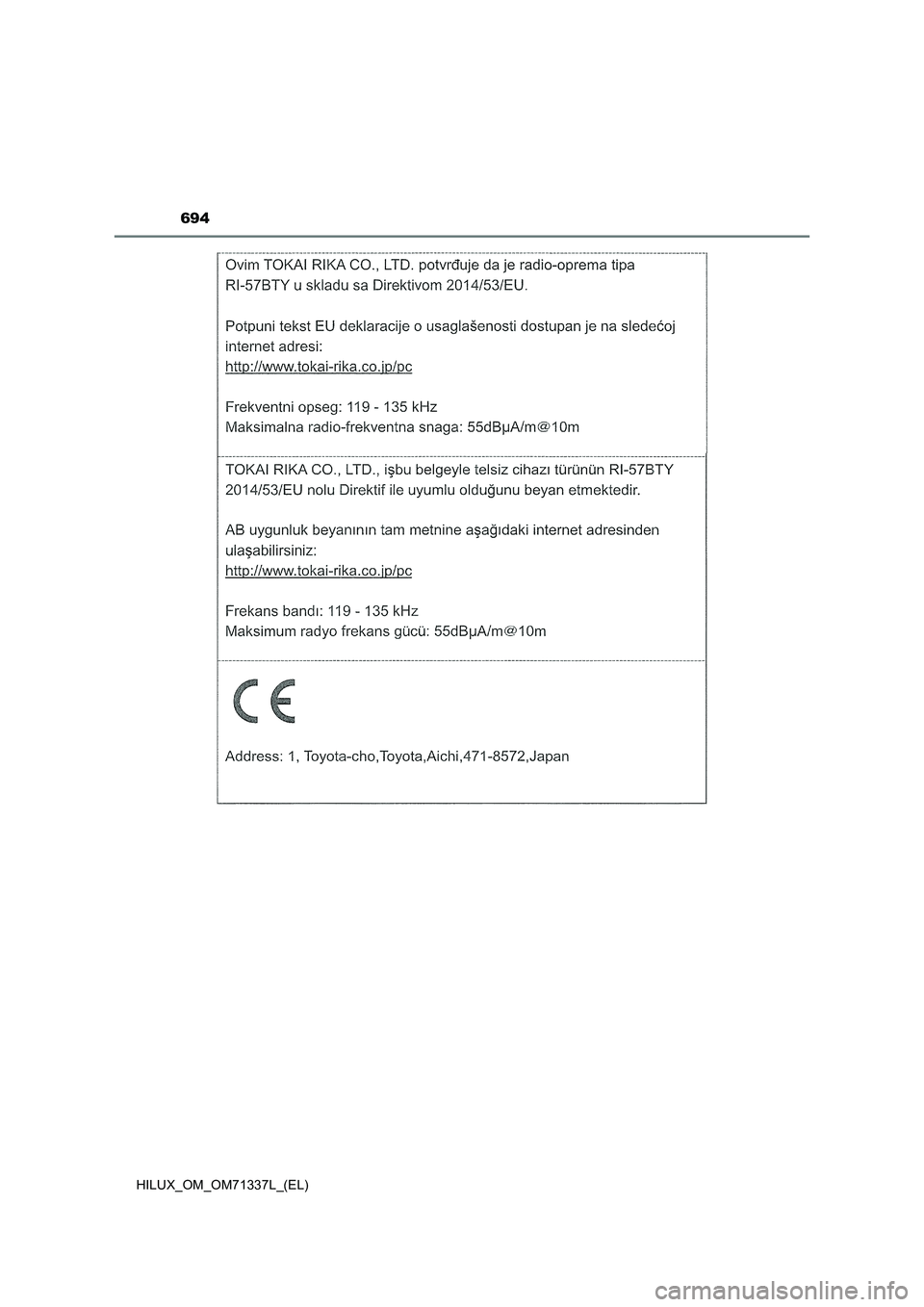 TOYOTA HILUX 2021  Manuale duso (in Italian) 694
HILUX_OM_OM71337L_(EL) 