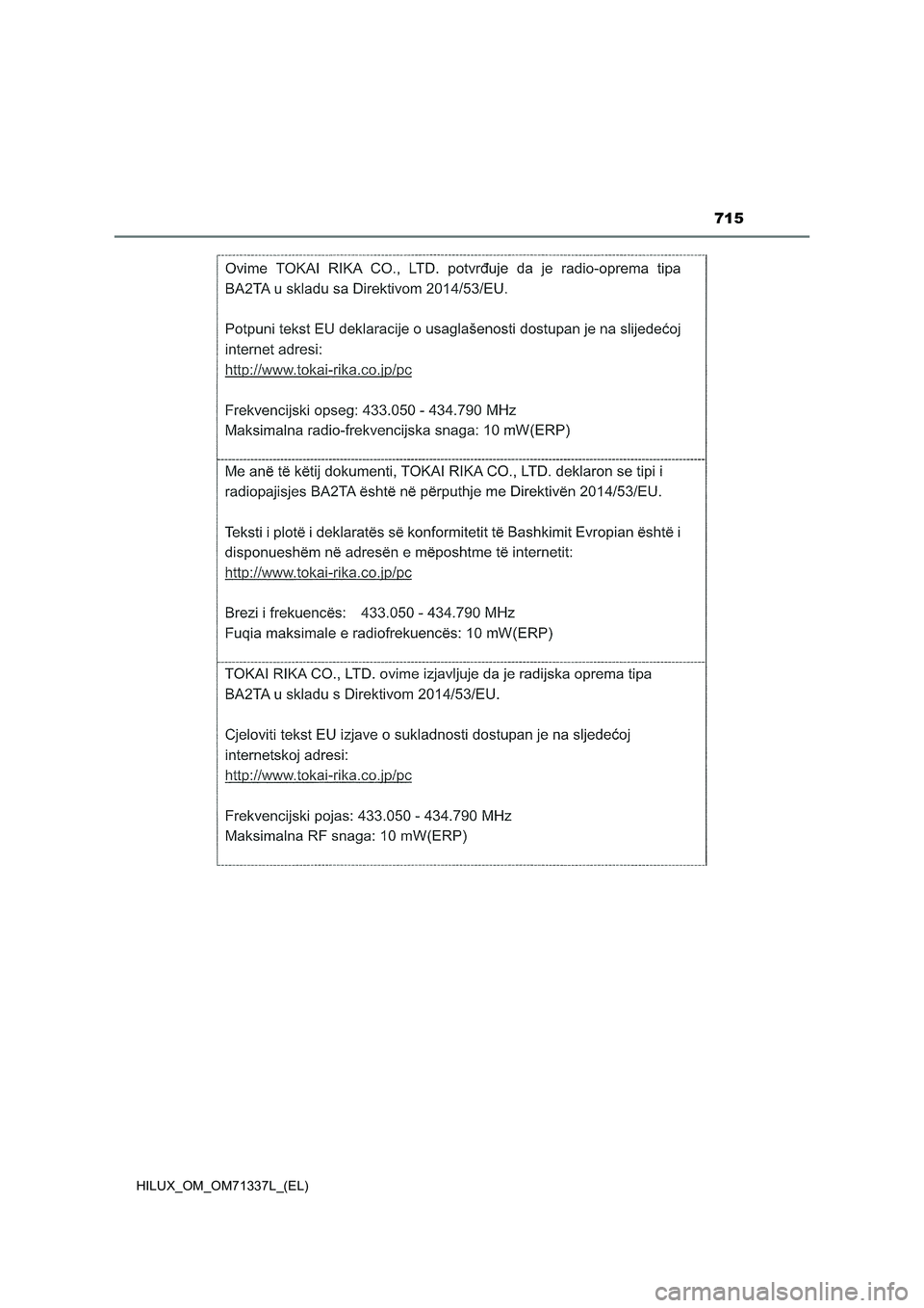 TOYOTA HILUX 2021  Manuale duso (in Italian) 715
HILUX_OM_OM71337L_(EL) 