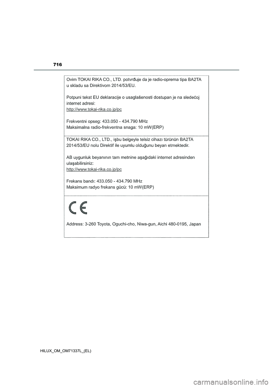 TOYOTA HILUX 2021  Manuale duso (in Italian) 716
HILUX_OM_OM71337L_(EL) 