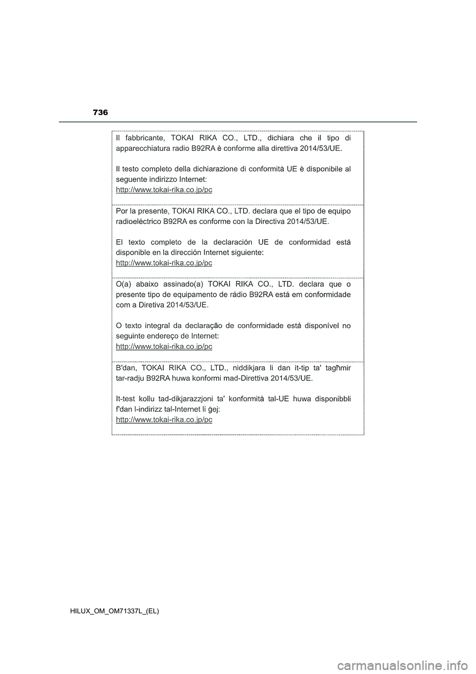 TOYOTA HILUX 2021  Manuale duso (in Italian) 736
HILUX_OM_OM71337L_(EL) 