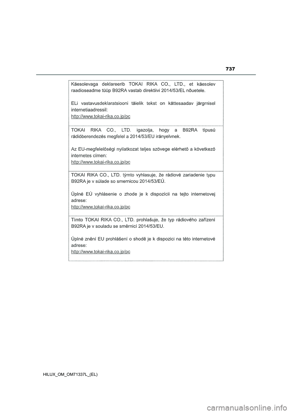 TOYOTA HILUX 2021  Manuale duso (in Italian) 737
HILUX_OM_OM71337L_(EL) 