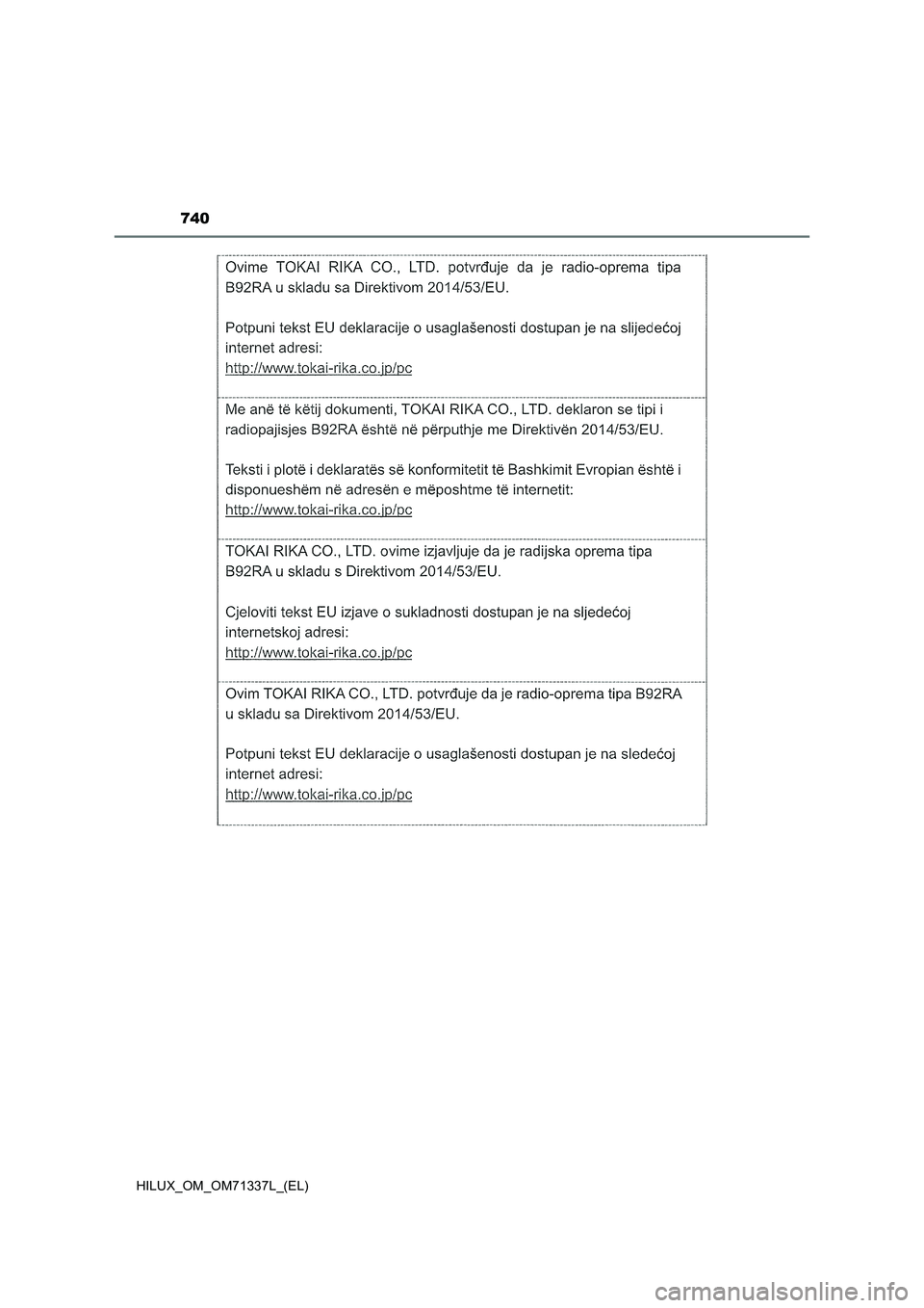 TOYOTA HILUX 2021  Manuale duso (in Italian) 740
HILUX_OM_OM71337L_(EL) 