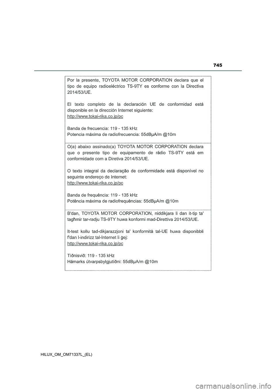 TOYOTA HILUX 2021  Manuale duso (in Italian) 745
HILUX_OM_OM71337L_(EL) 